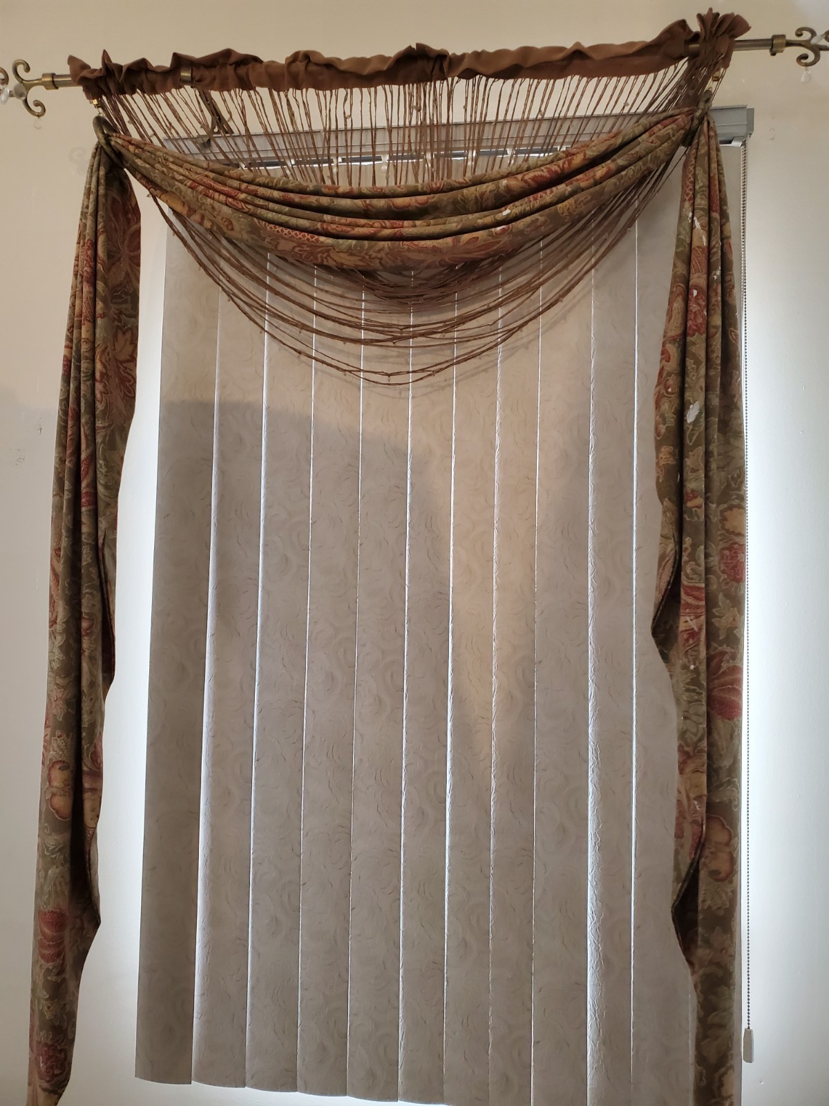 TWO (2) CUSTOM MADE 72″ L X 25″ W JACOBEAN MUTED MULTI-COLOR LONG SCARF VALANCES