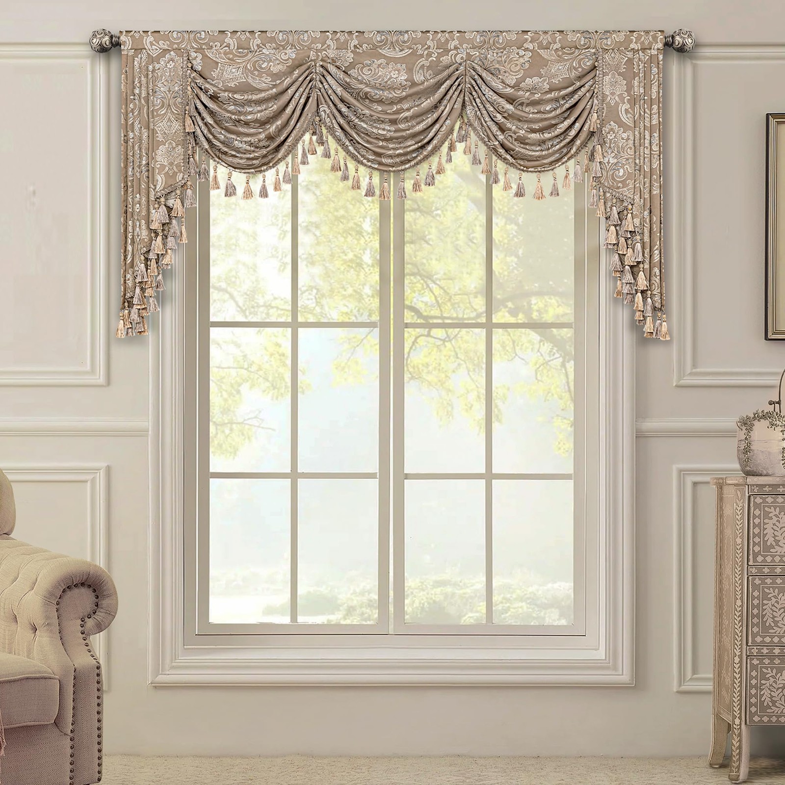 Elegant Jacquard Waterfall Valance with Tassels for Living Room & Bedroom