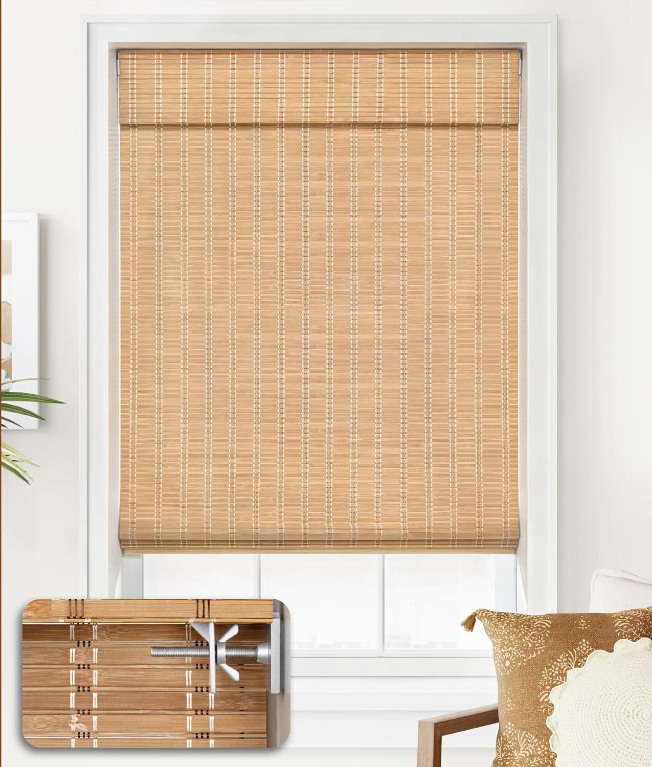 LazBlinds No Drill Bamboo Roman Shades, 20×64, Brown | Light Filtering Window