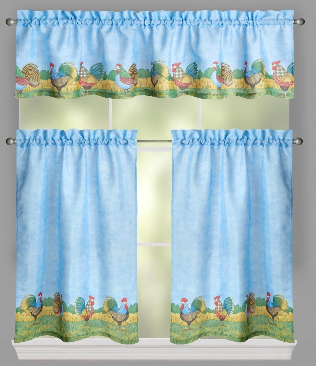 Debbie Mumm Chicken ROOSTER Farm Curtains ~ Tier and Valance Set 36L Blue