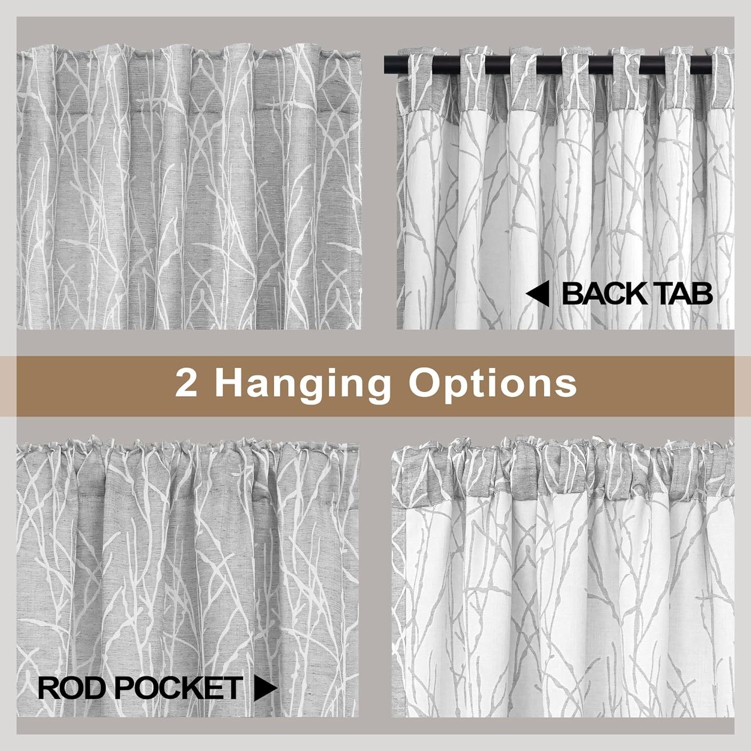 84″ Linen Textured Curtains 2 Panels Gray White Tree Branch Semi Blackout Farmho