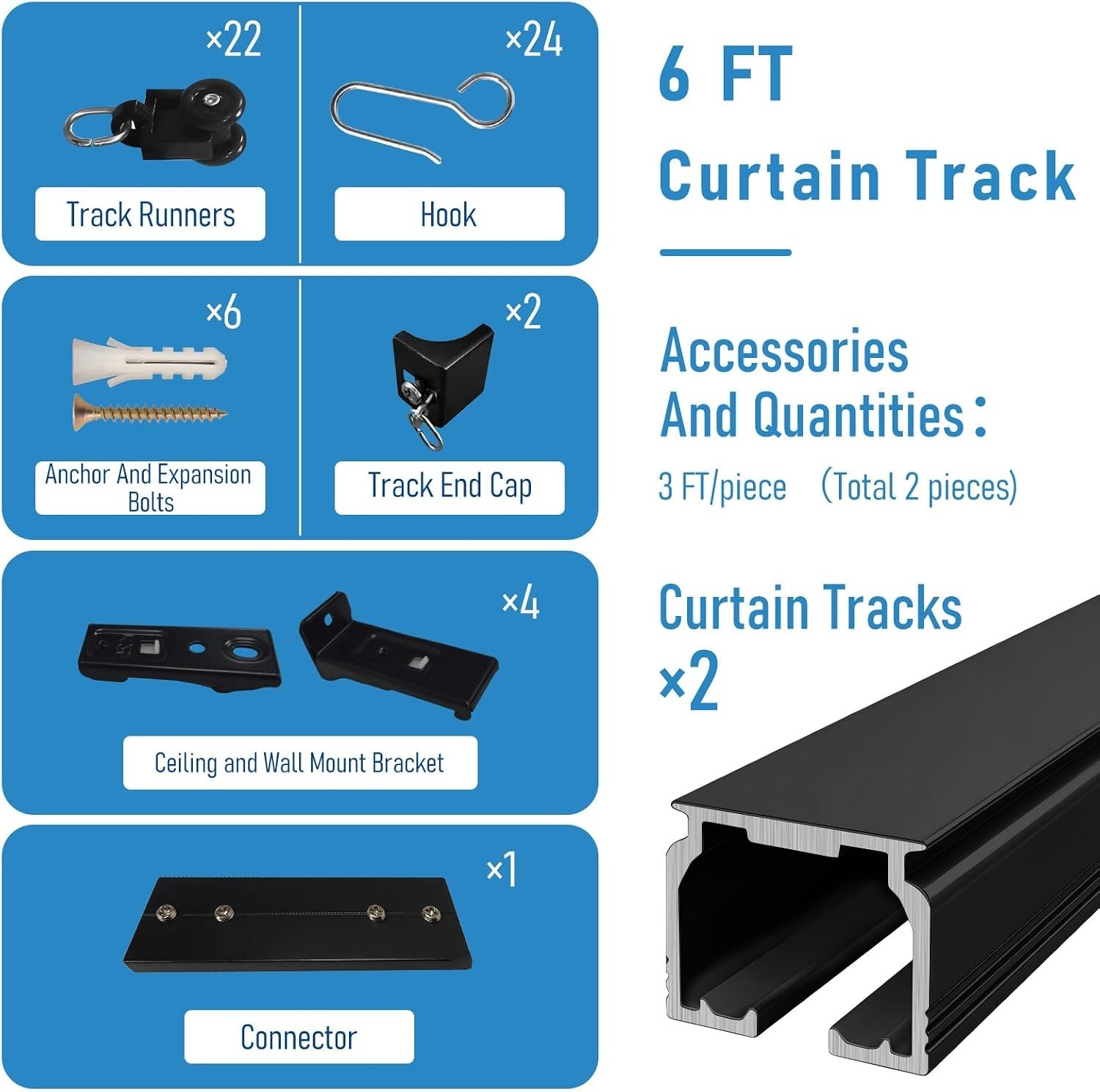 Curtain Tracks Ceiling Wall Mounted Black 6FT Curtain Tracks with Hook for Ro…