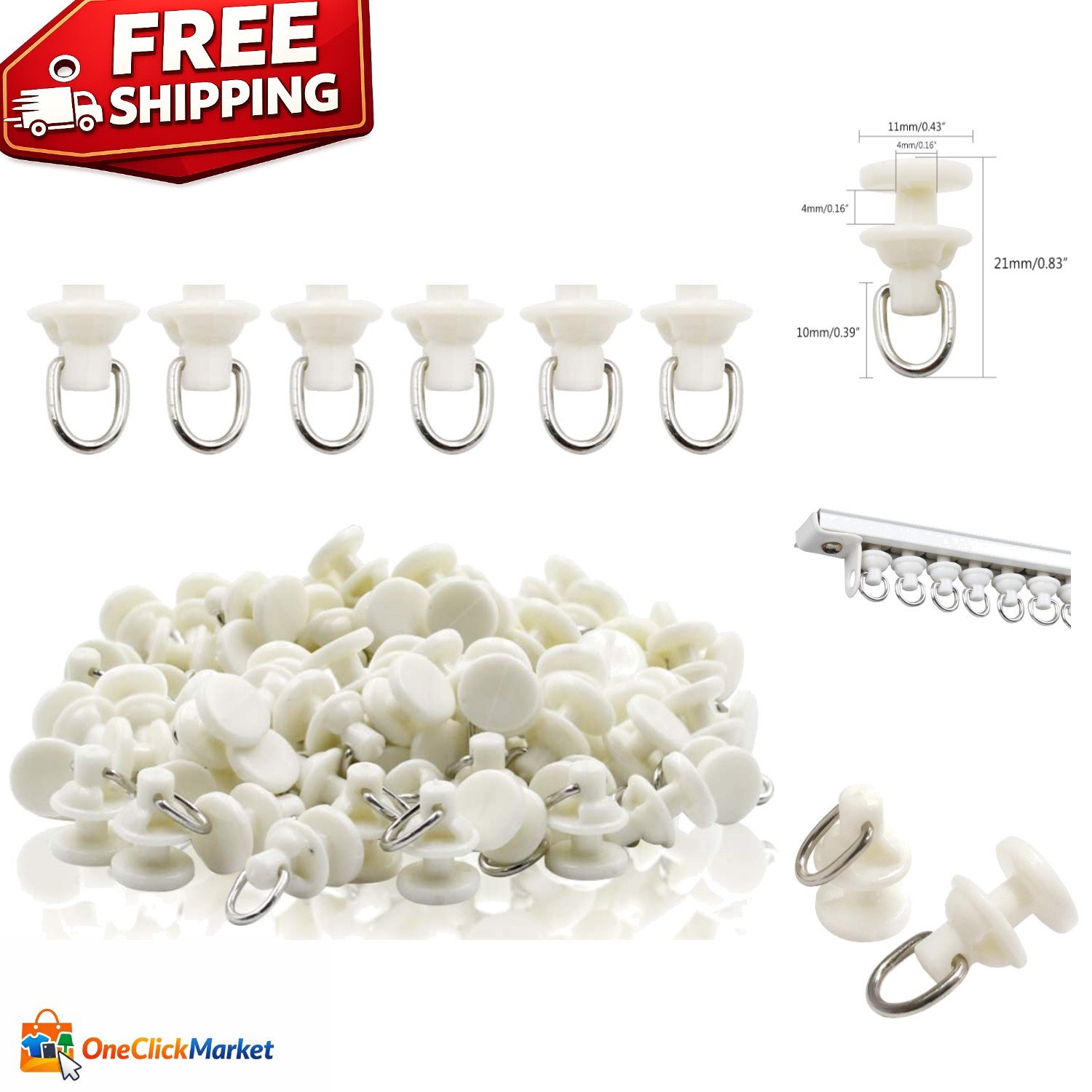 50 Silent Curtain Track Rollers – Plastic Gliders 11x21mm for Home & Office