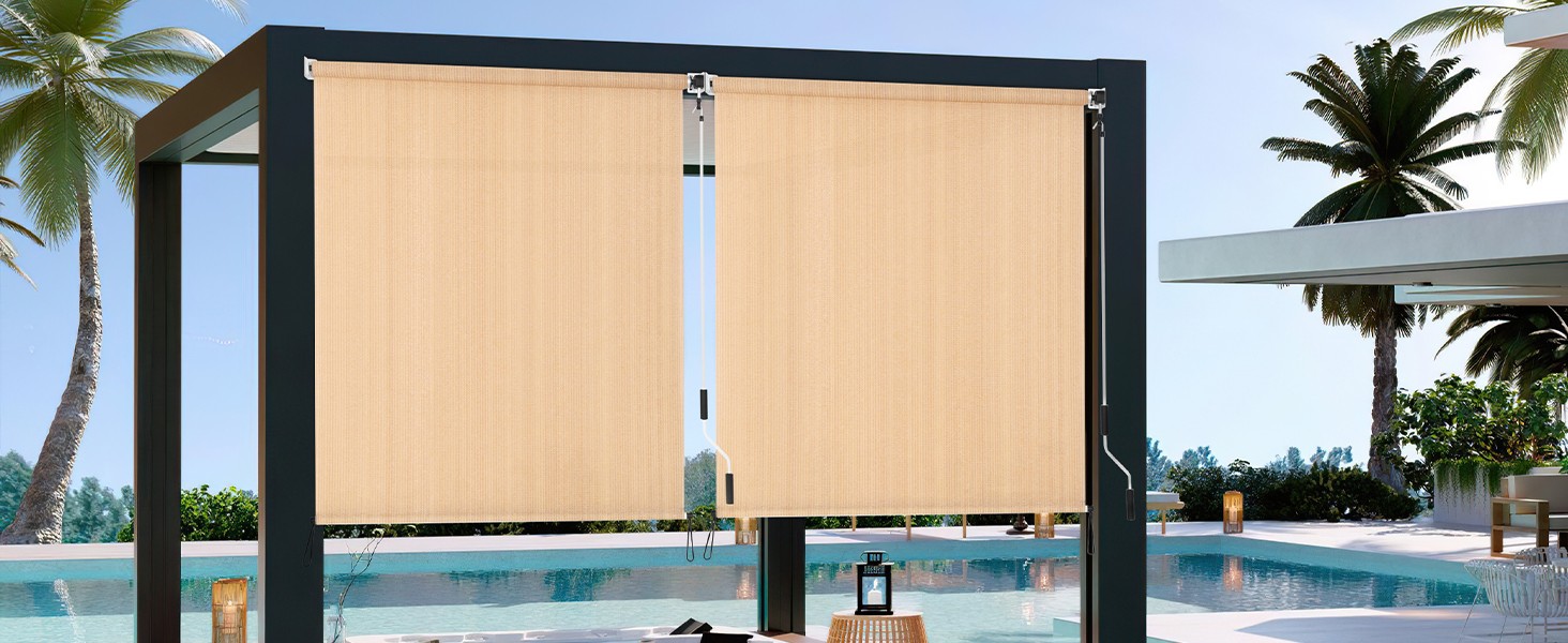 Outdoor Roller Shade 5′ W x 8′ L Cordless Patio Shades Roll Up Outdoors Blinds