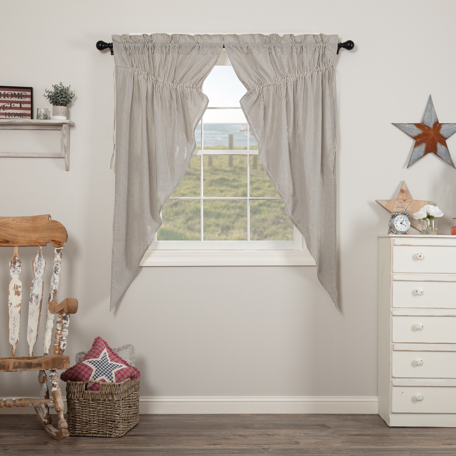 Hatteras Seersucker Blue Ticking Stripe PRAIRIE Short PANEL SET Country 84″ Long