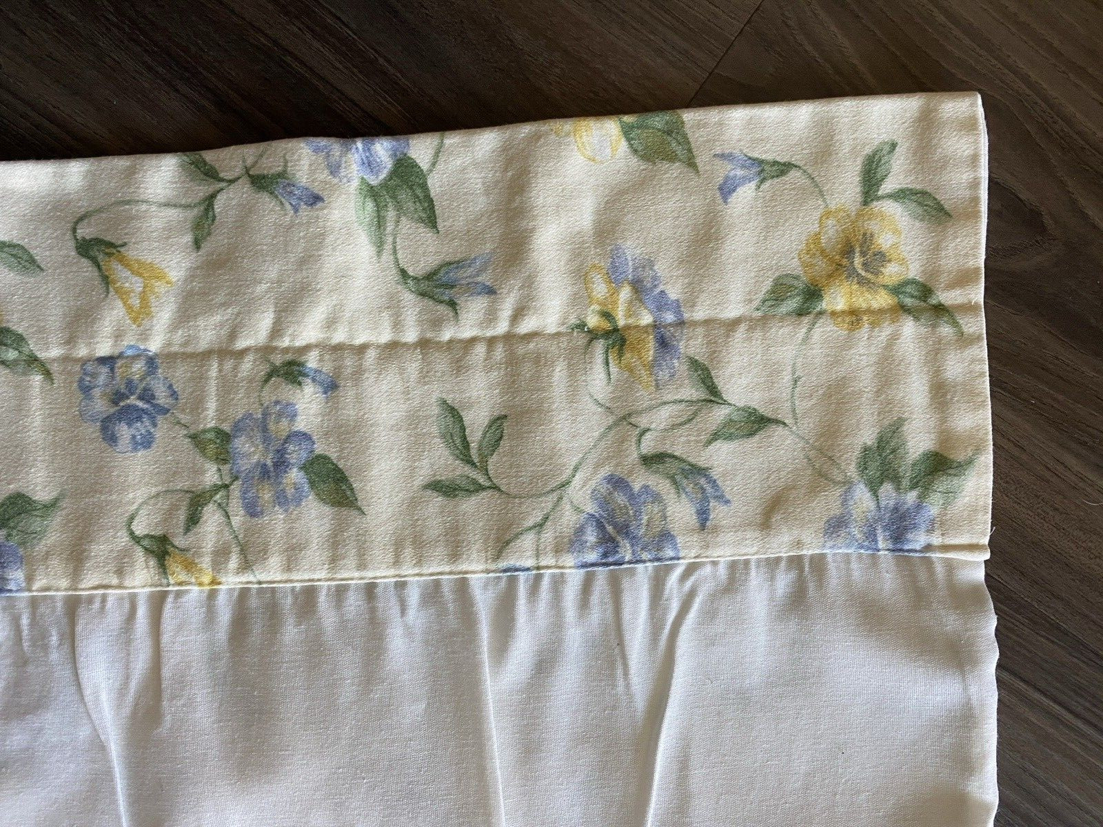 Set/3 lined scalloped valances 72″ x 19″ pale yellow pansies floral country farm