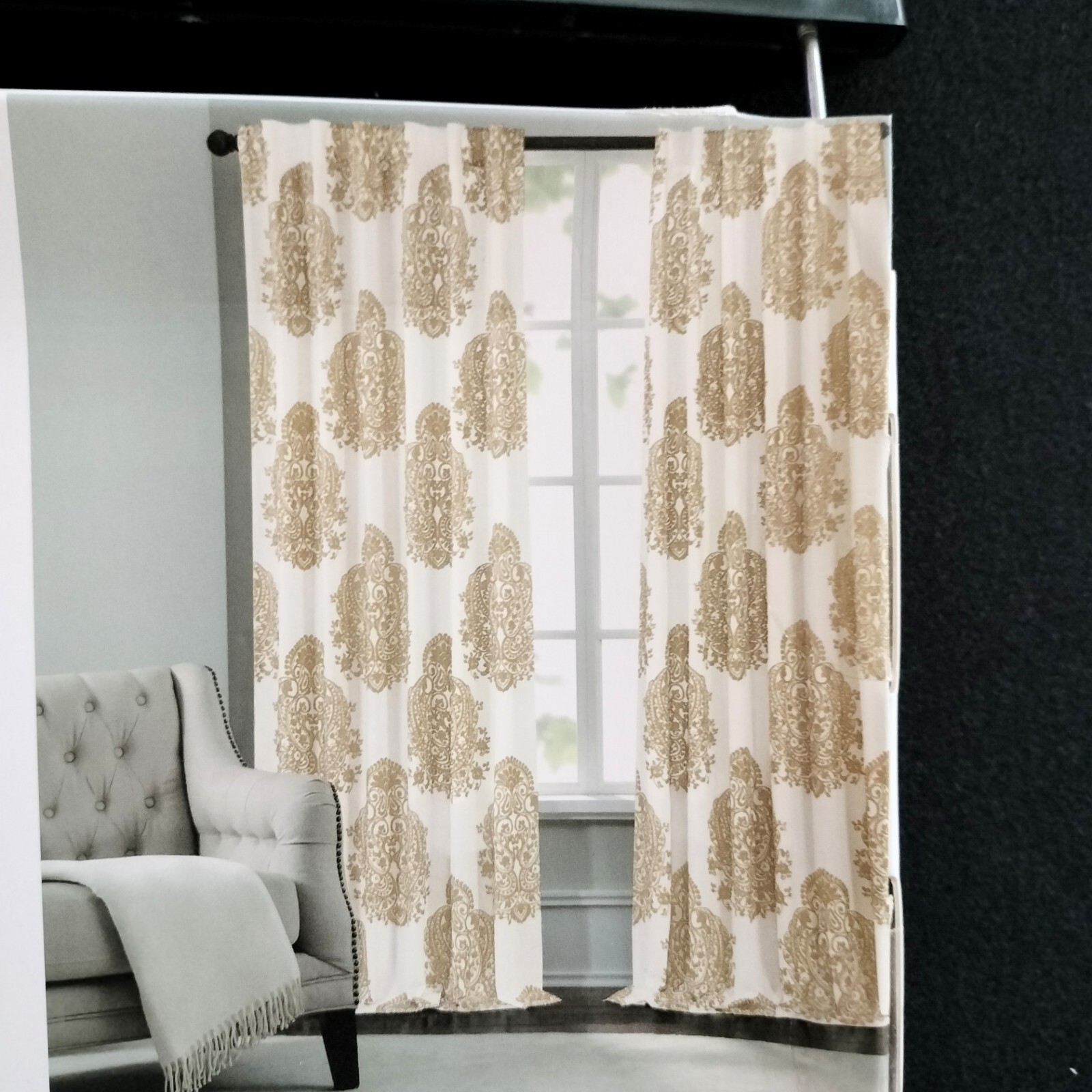 Nicole Miller 2 Pk Cotton Window Panels White Gold Metallic Paisley 52×96 Ea