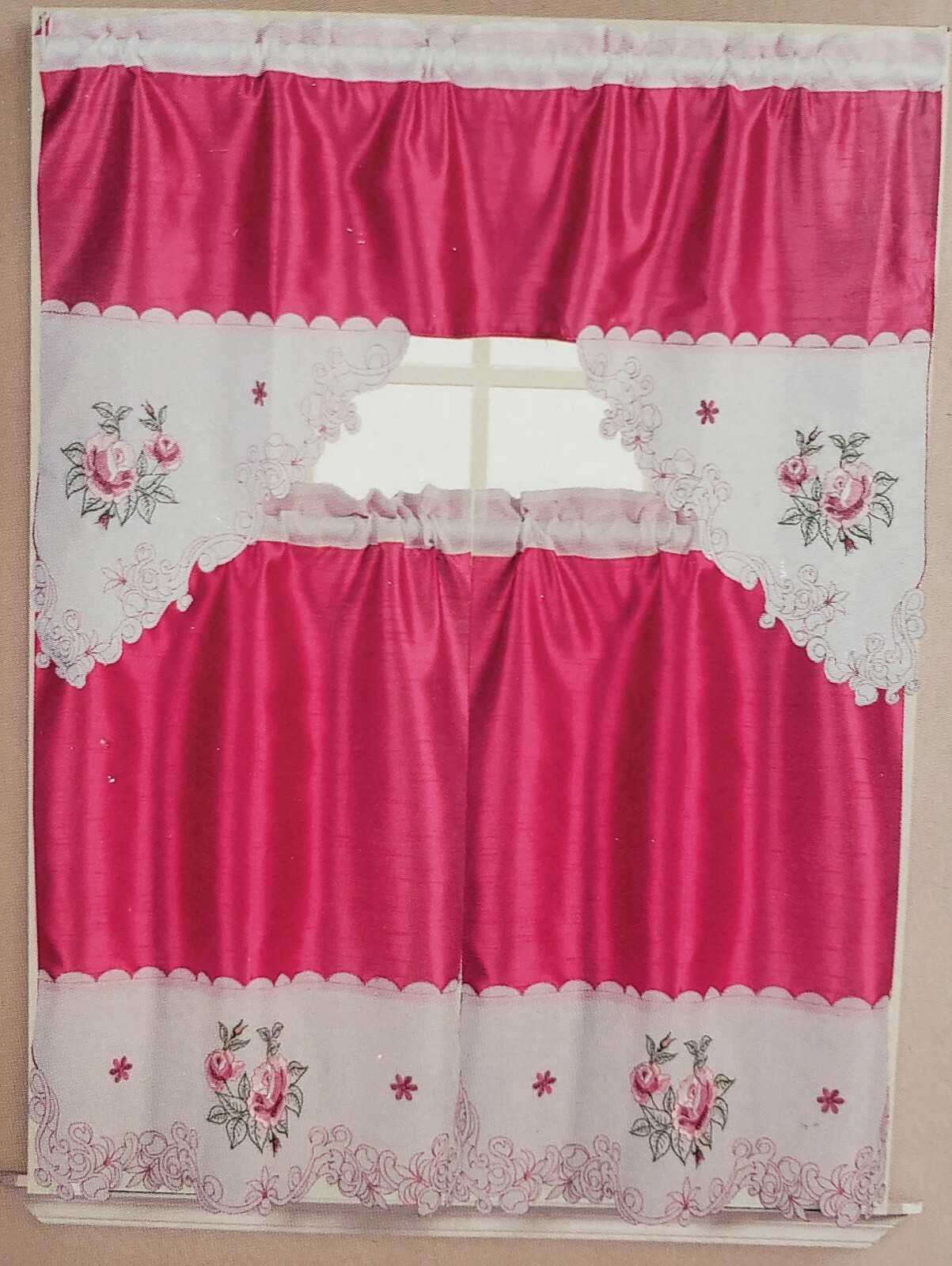3pc. Embroidered Curtains Set: 2 Tiers & Swag (60″x36″) VIVID ROSE FLOWERS,OG,RT
