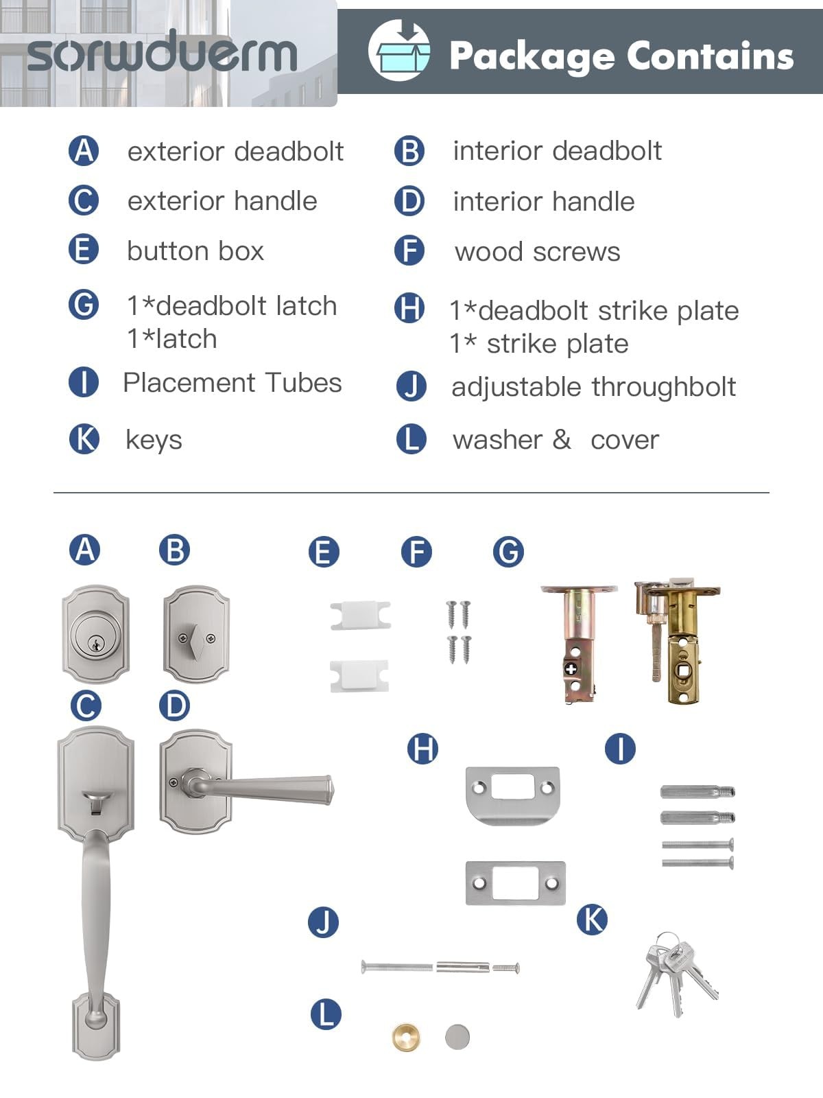 Sorwduerm 1 Pack Brushed Nickel Front Door Handle And Deadbolt Set Reversible