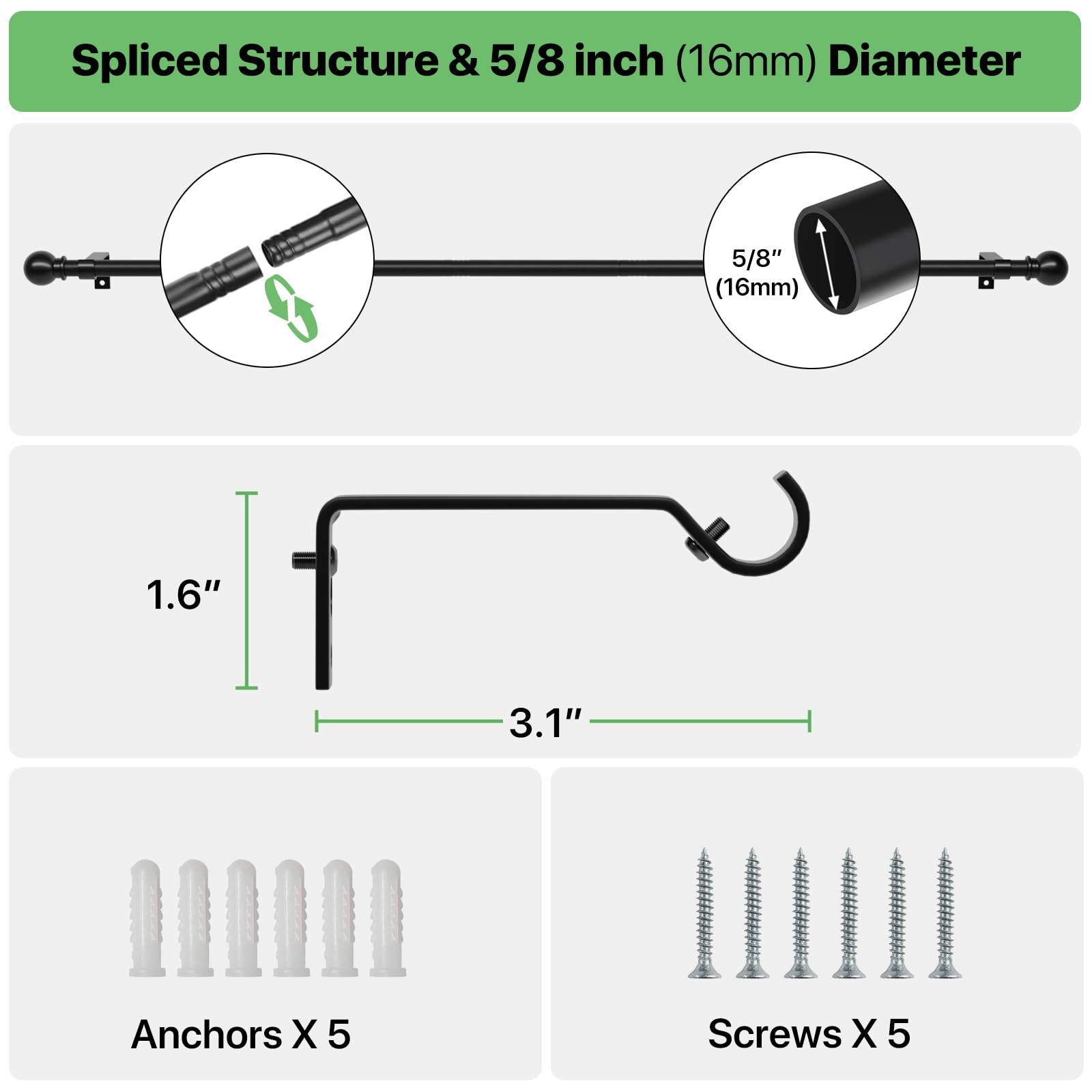ADJUSTABLE CURTAIN ROD SET 28–48 INCH BLACK METAL DRAPERY ROD WITH BRACKETS