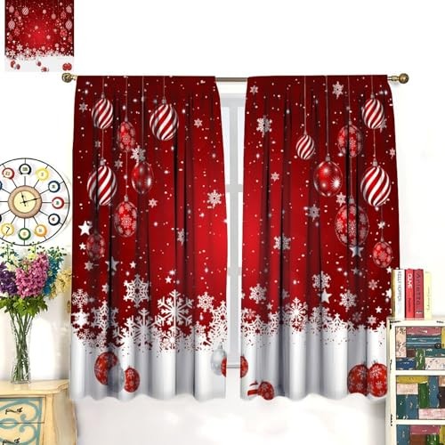 Christmas Window Curtains, Red Xmas Ornaments 20.5″W x 45″L (Pack of 2) Xmas-5