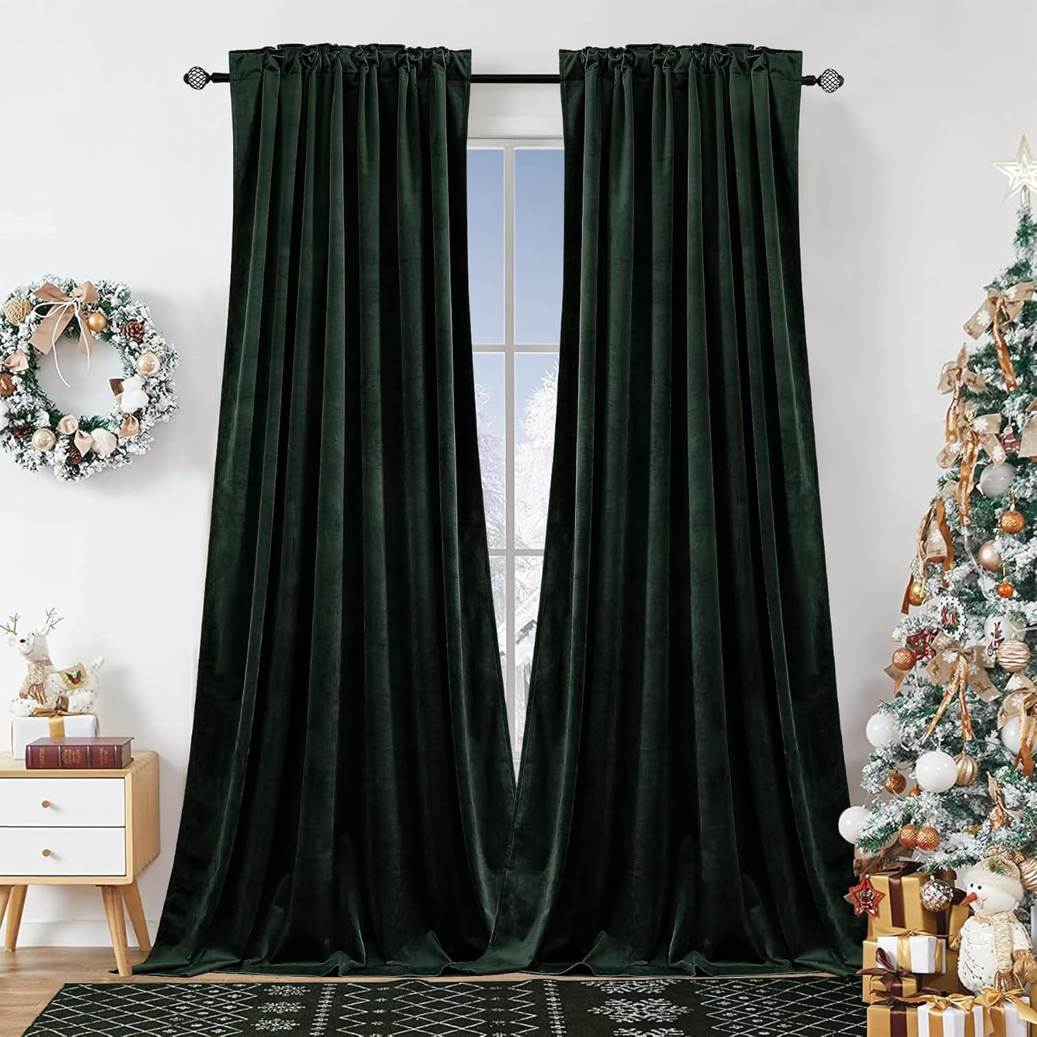 Luxurious Dark Green Velvet Curtains, Room Darkening, 2 Panels 52×90 Inches