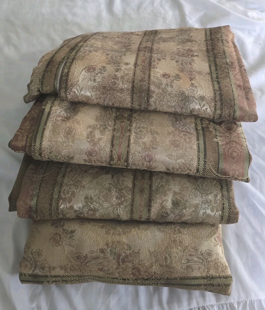 Vtg Croscill 4 Curtain Panels 86×53” Jacquard Damask Floral Beige Golden Pink