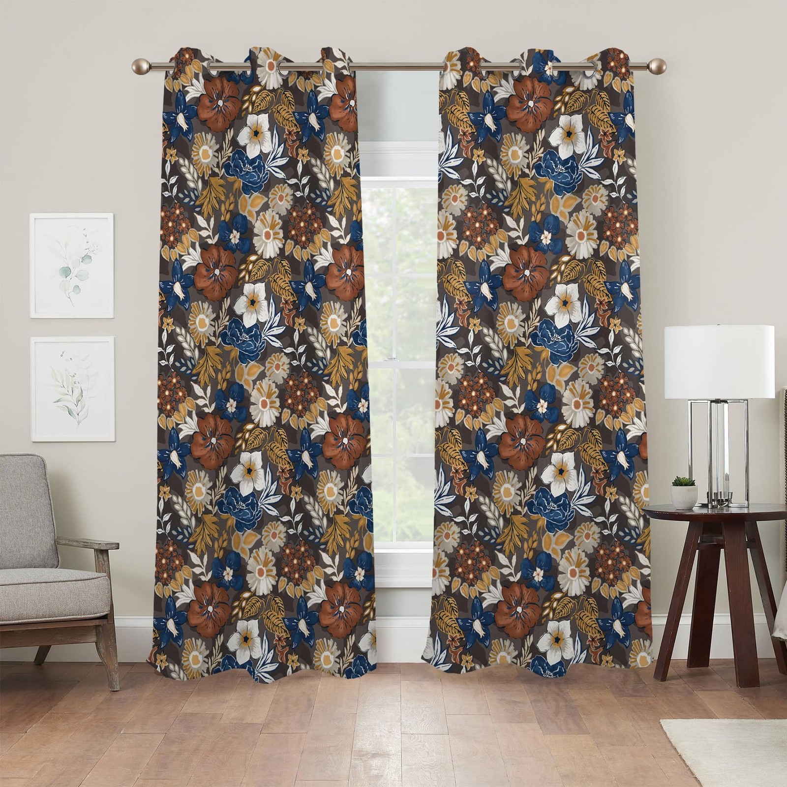 Renaiss Bohemian Floral Blackout Curtains Blue Brown White Flower Thermal