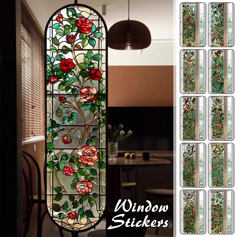 US Retro Rose Printed Stained Glass Window Film Self Adhesive Sticker Decor