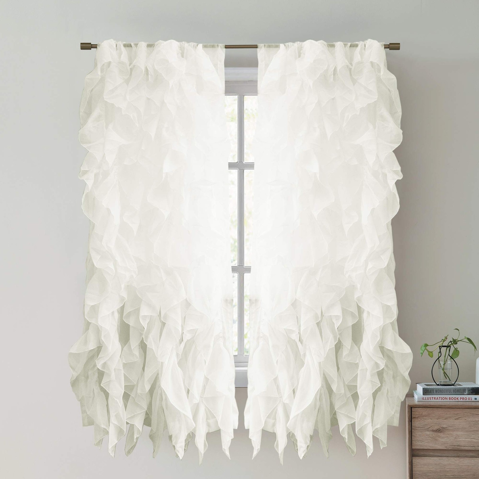 Curtain, Voile, Vertical, Ruched, 213 x 127 cm, Pack of 2. Shabby Chic 63″ x 5…