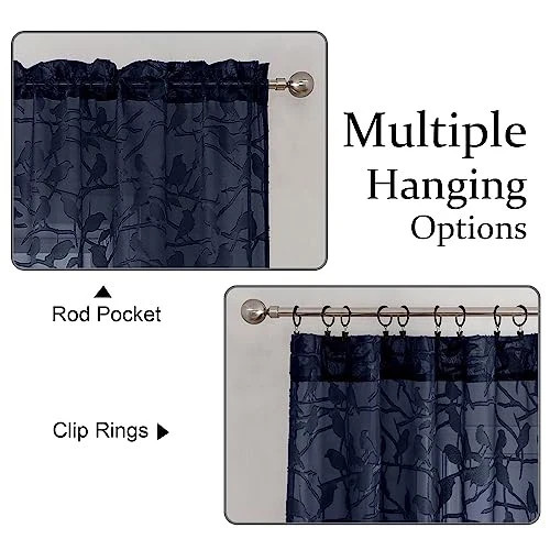 Anji Bird Navy Blue Sheer Curtains 45 Inches Long 2 Panels Set for Small