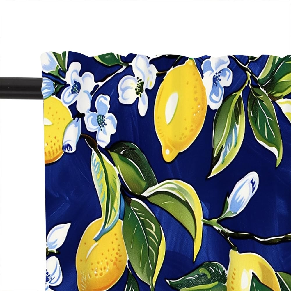 2 Panel Blue Floral Yellow Lemon Window Valances, Nature Food Fruit Window Tr…
