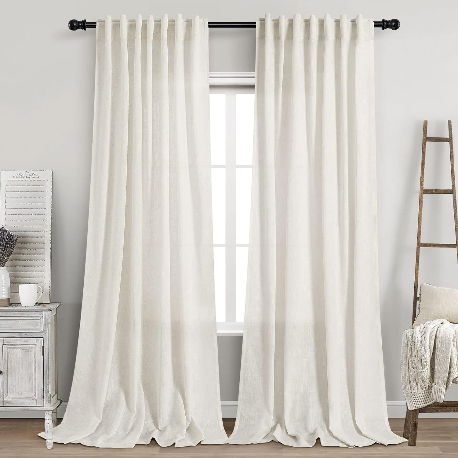 Cream Linen Curtains 102 inches Long 2 Panels Set for Living Room Extra Long