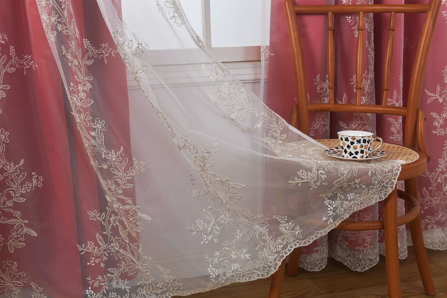 Red Double Layer Curtains 52x72inch, Embroidered Sheer Overlay Soild Curtains