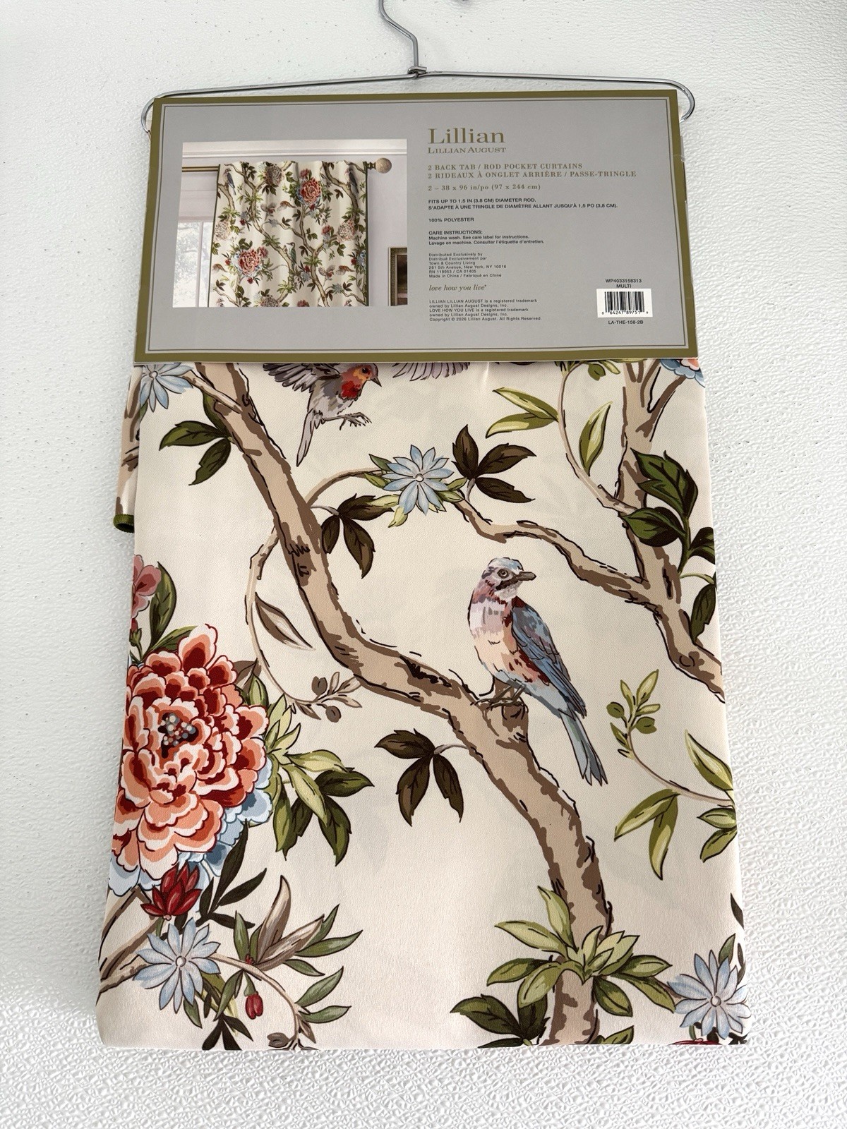 Lillian August Window Curtains 2 Panels 38 x 96″ Cream Birds Drapers Back Tab