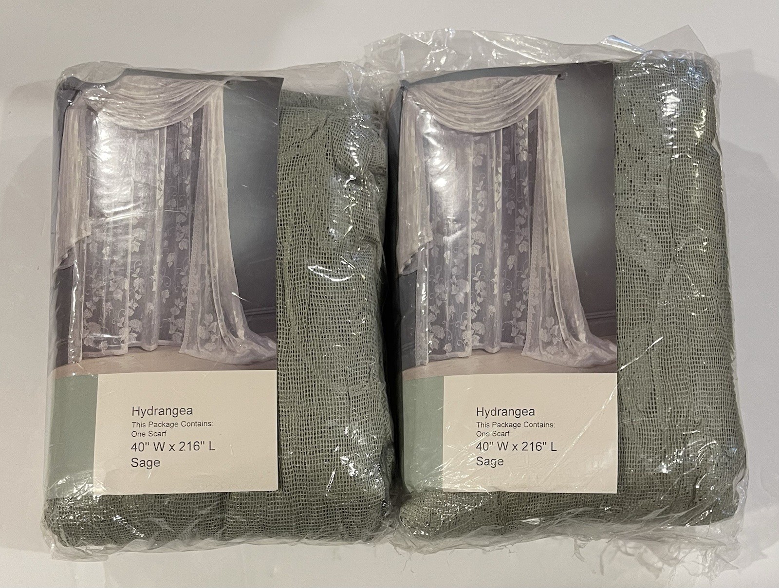 2 S. Lichtenburg & Co. Hydrangea Window Scarf Treatments Sage 40”W X 216”L NIP