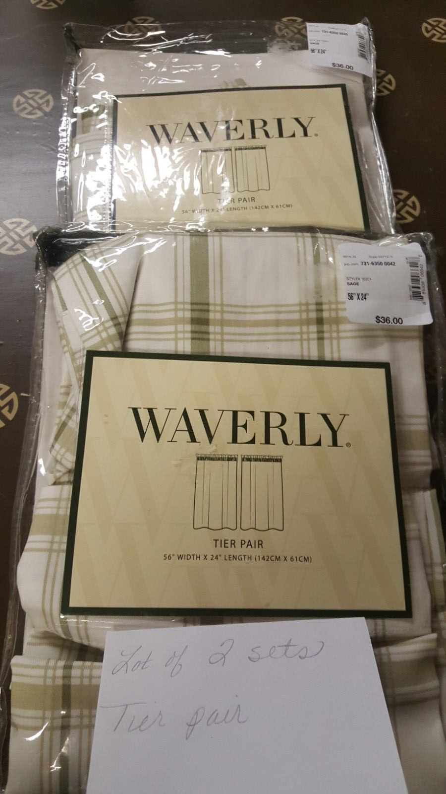 lot of 2 pairs of tier curtains Waverly Classic Check Sage Green 56″W x 24″L NEW