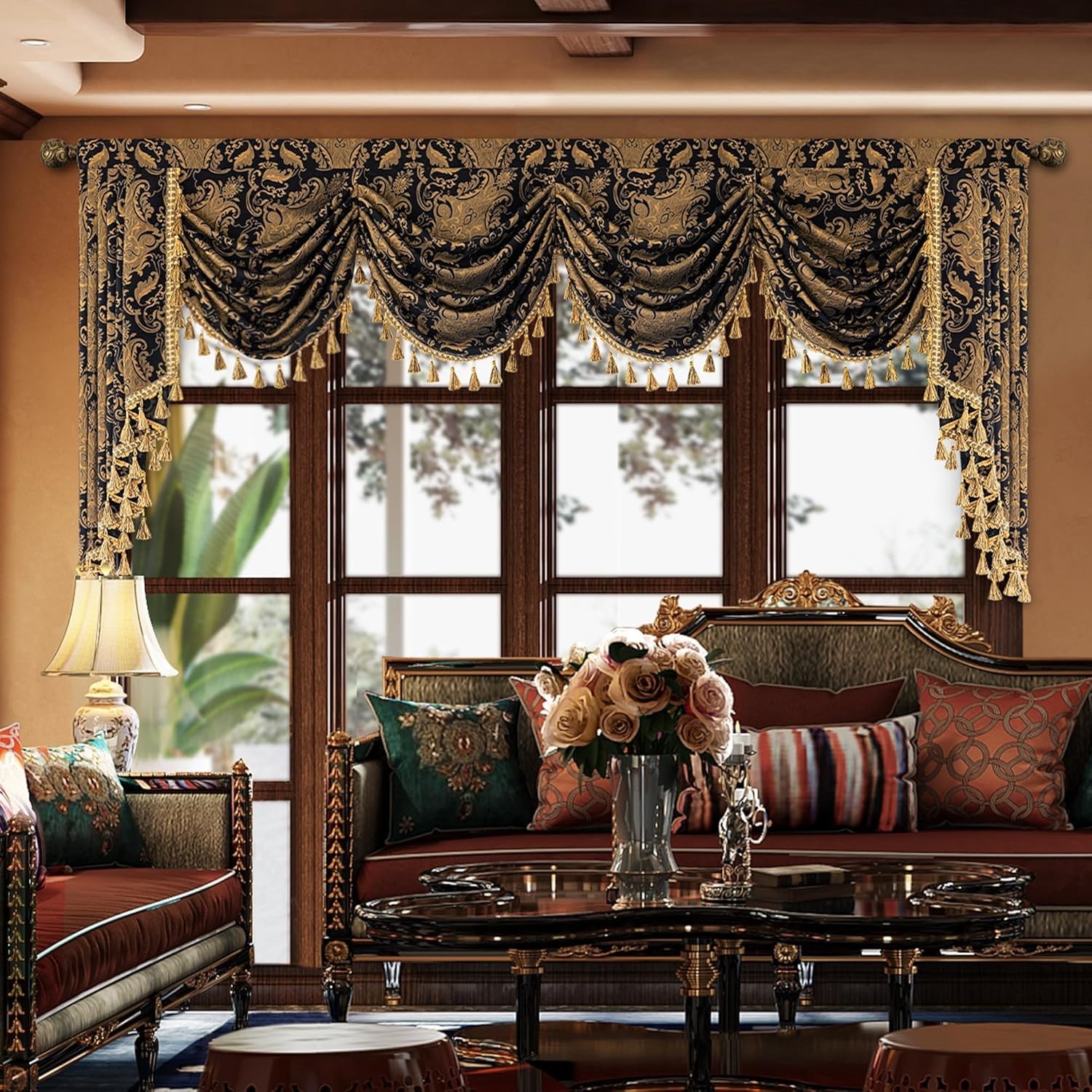 Waterfall Valance Curtain Damask Jacquard Black Window Treatments for Living …