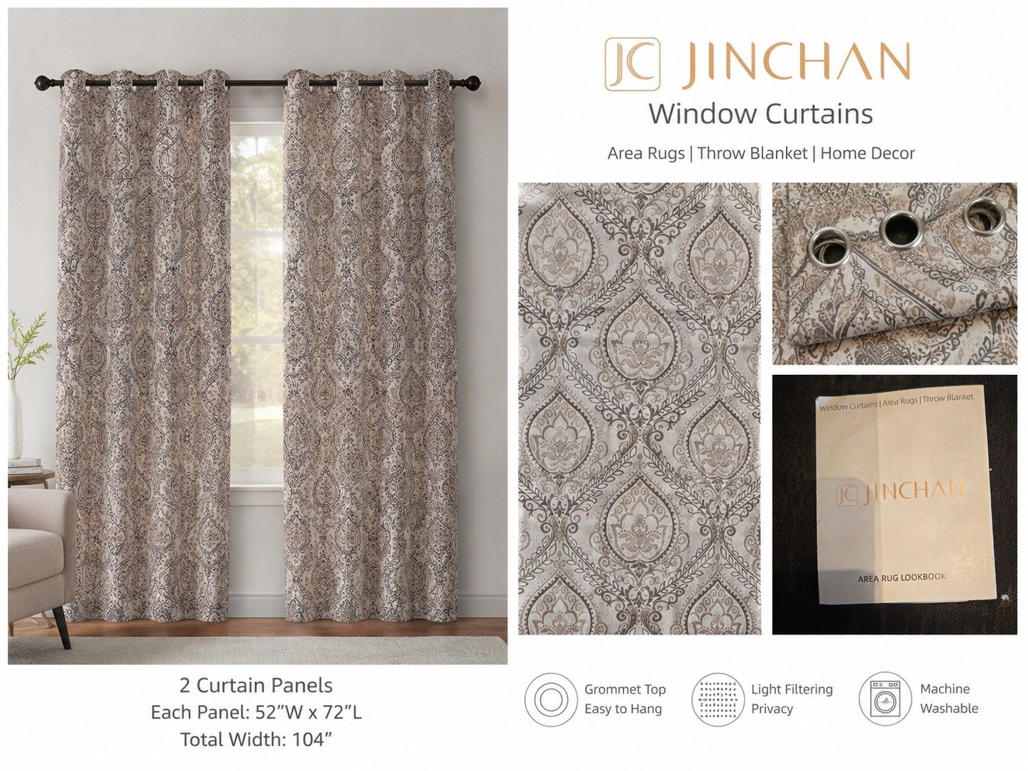 JINCHAN Damask Grommet Curtain Panels 52×72 Set of 2 Beige/Gray