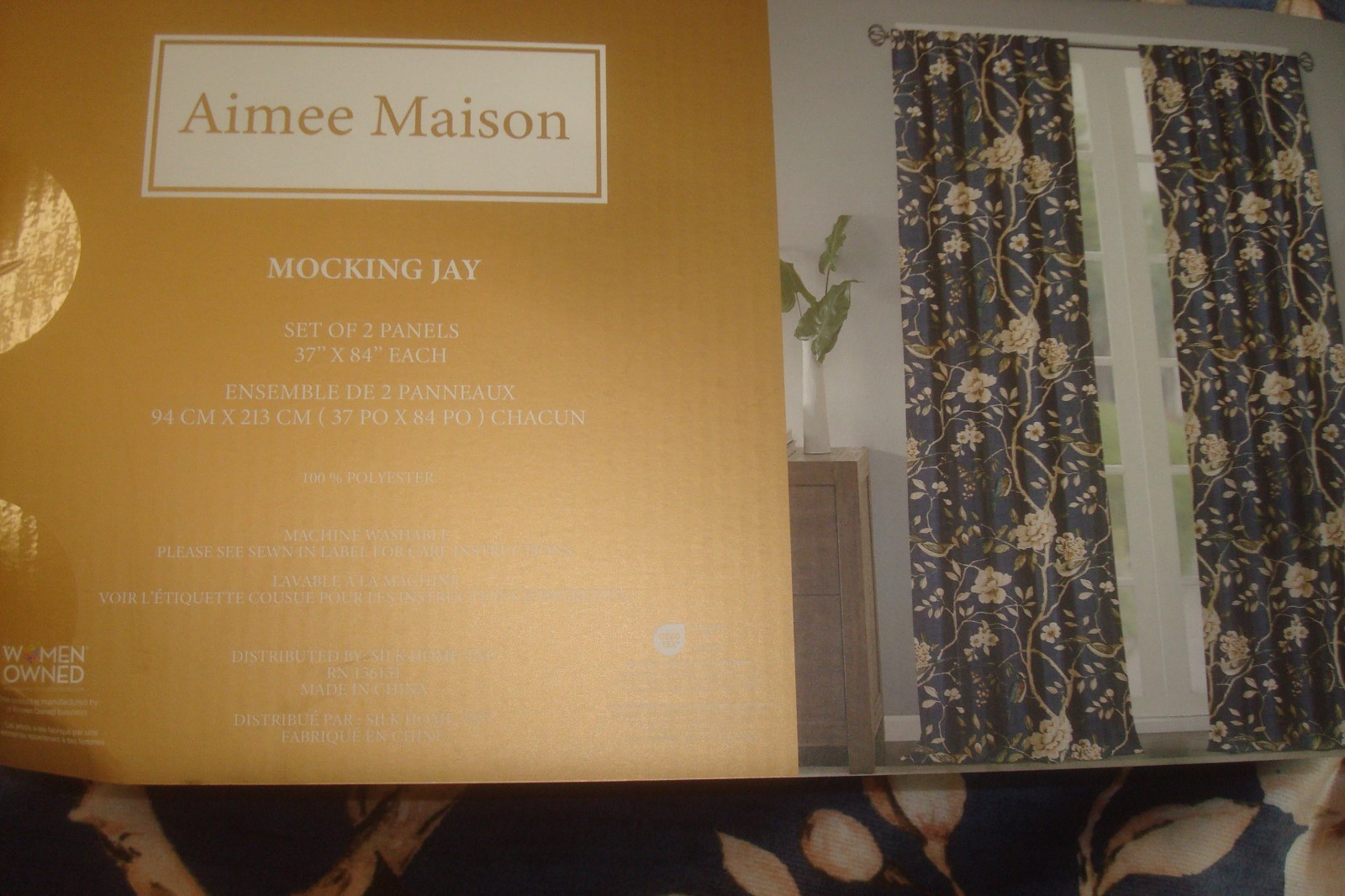 NWT Aimee Maison 2 pc Window Panel Curtains Mocking Jay Birds Blue 84″ lg