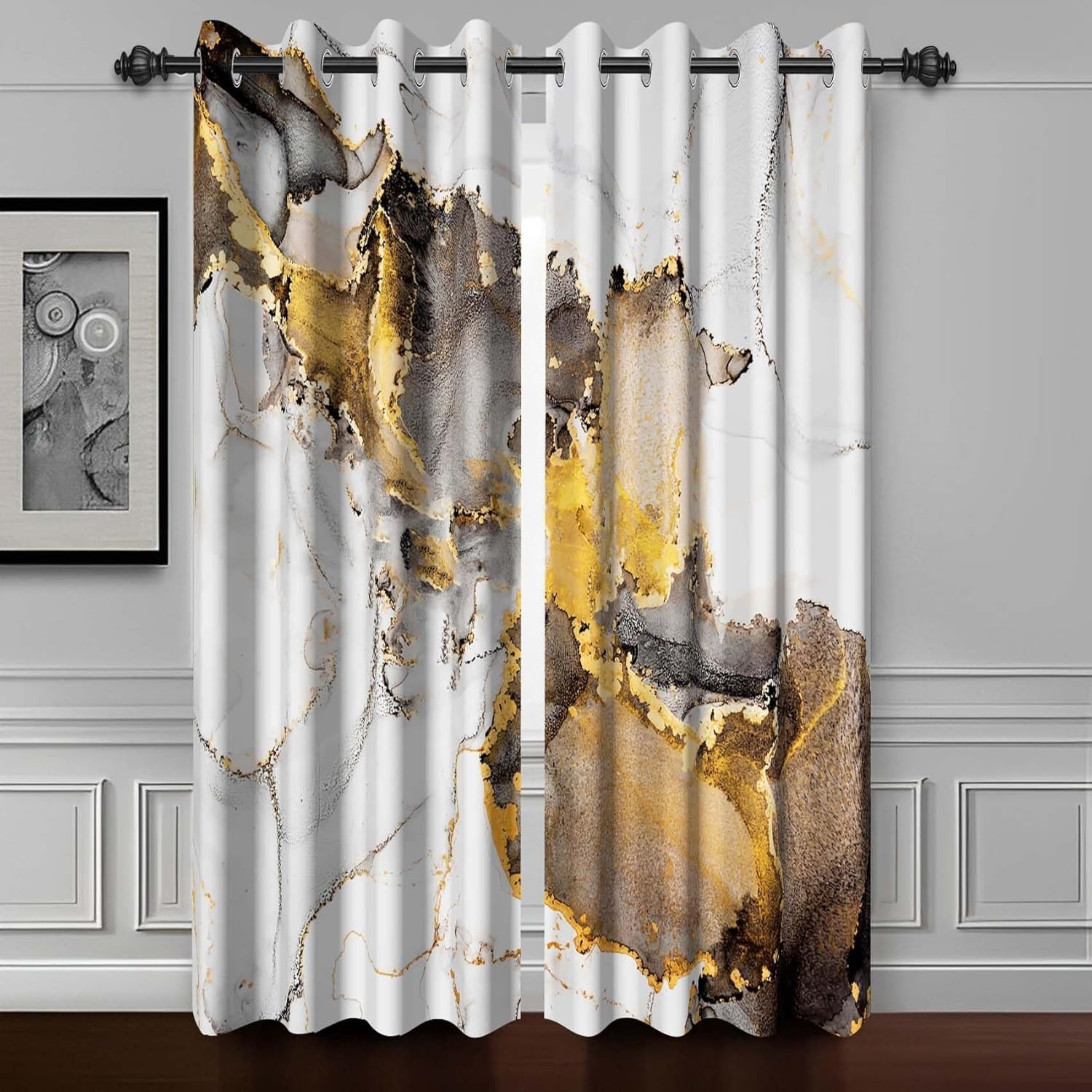 White Grey Gold Marble Abstract Art Fluid Golden Luxury Marble Thermal 53Wx84H