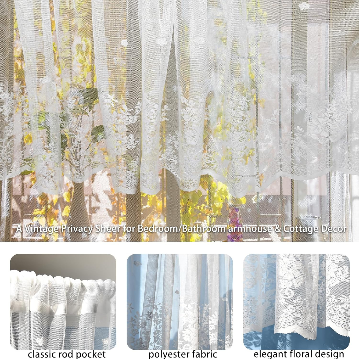 White Lace Window Valance – 59″X23.6″ Floral Semi-Sheer Curtain with Rod Pocket