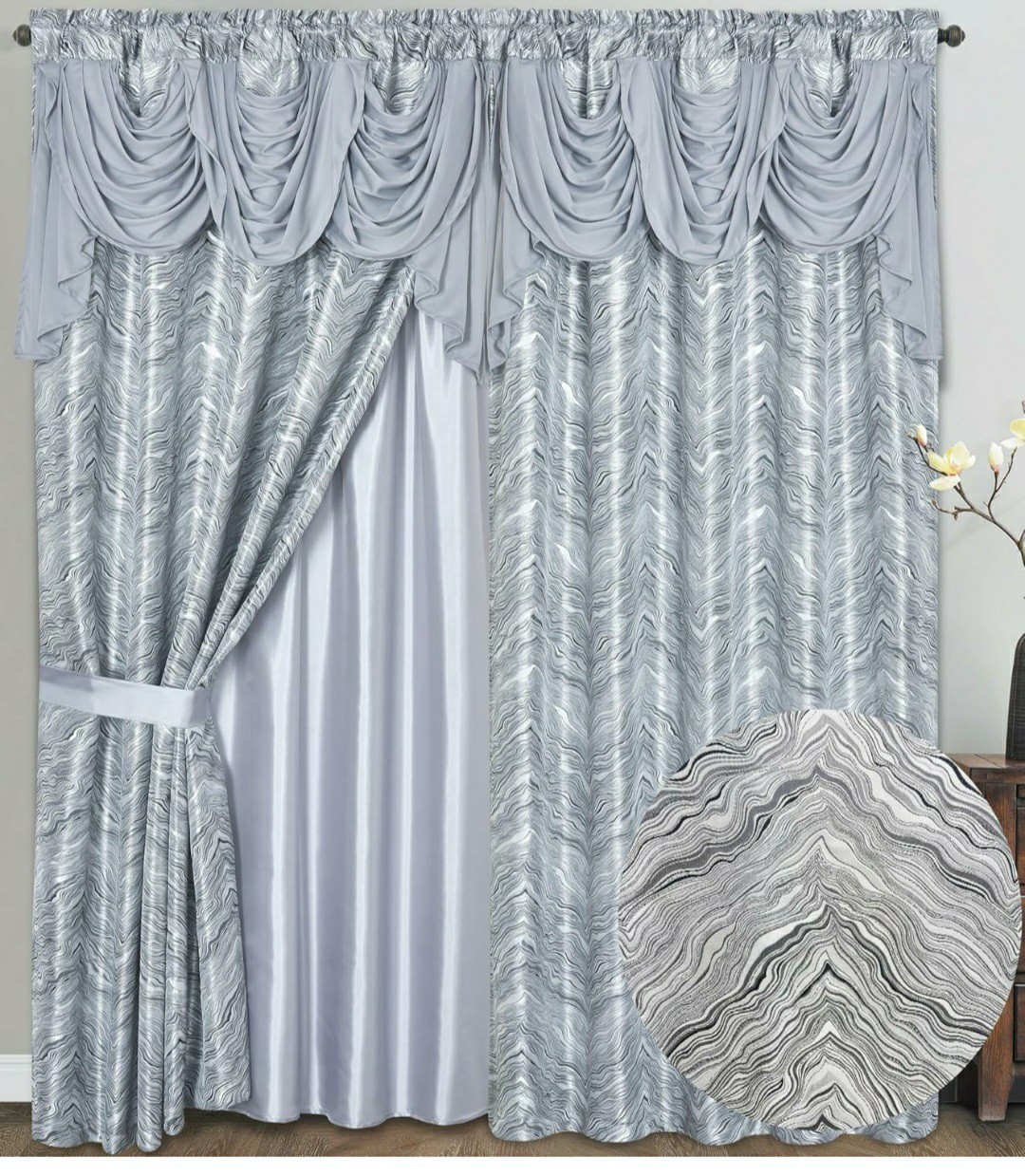 🌞Marble Jacquard Curtains- 54″ Wx90″L W/Attached 18″ Valance & Tie-backs-New!