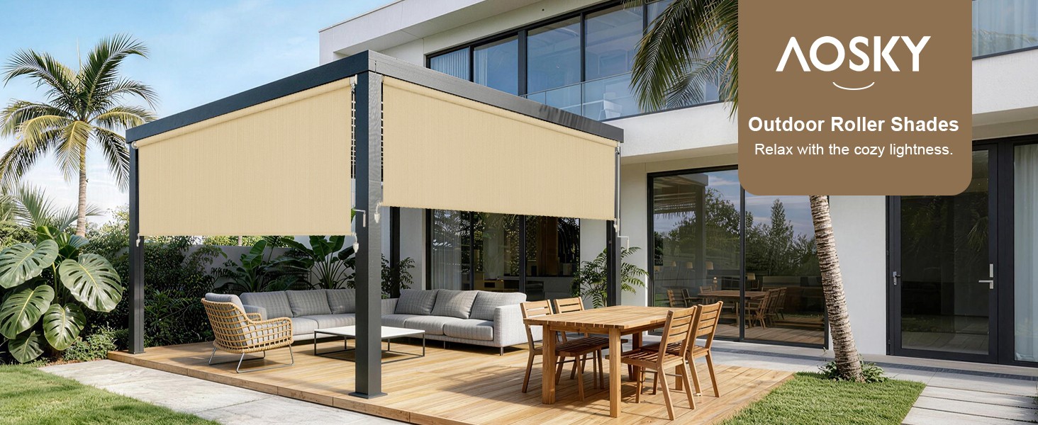 Outdoor Roller Shades for Porch , Cordless Patio Roll Up Blinds with Spliced