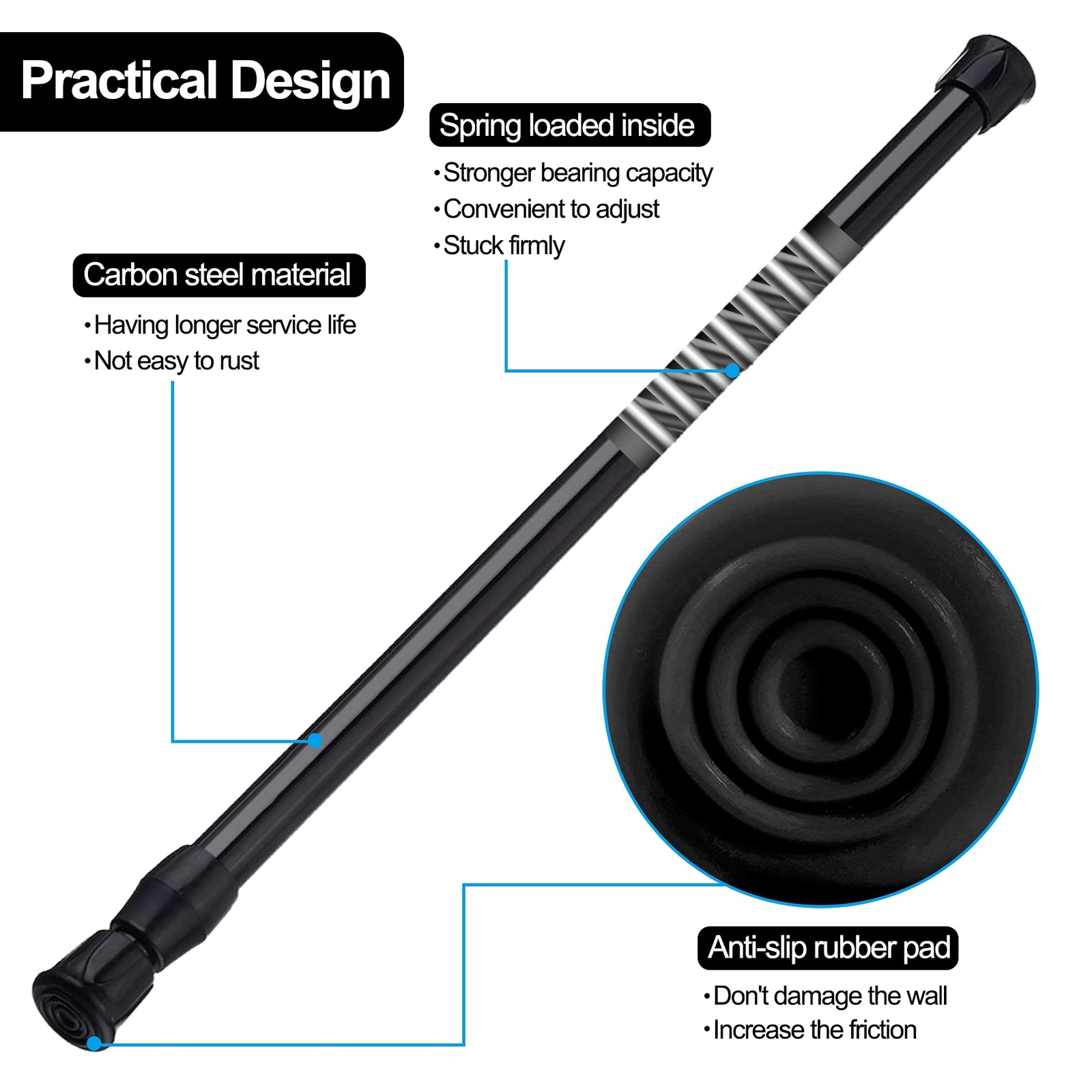 Refrigerator Bar RV Cupboard Cabinet Spring Tension Rod Extendable Black 6pcs