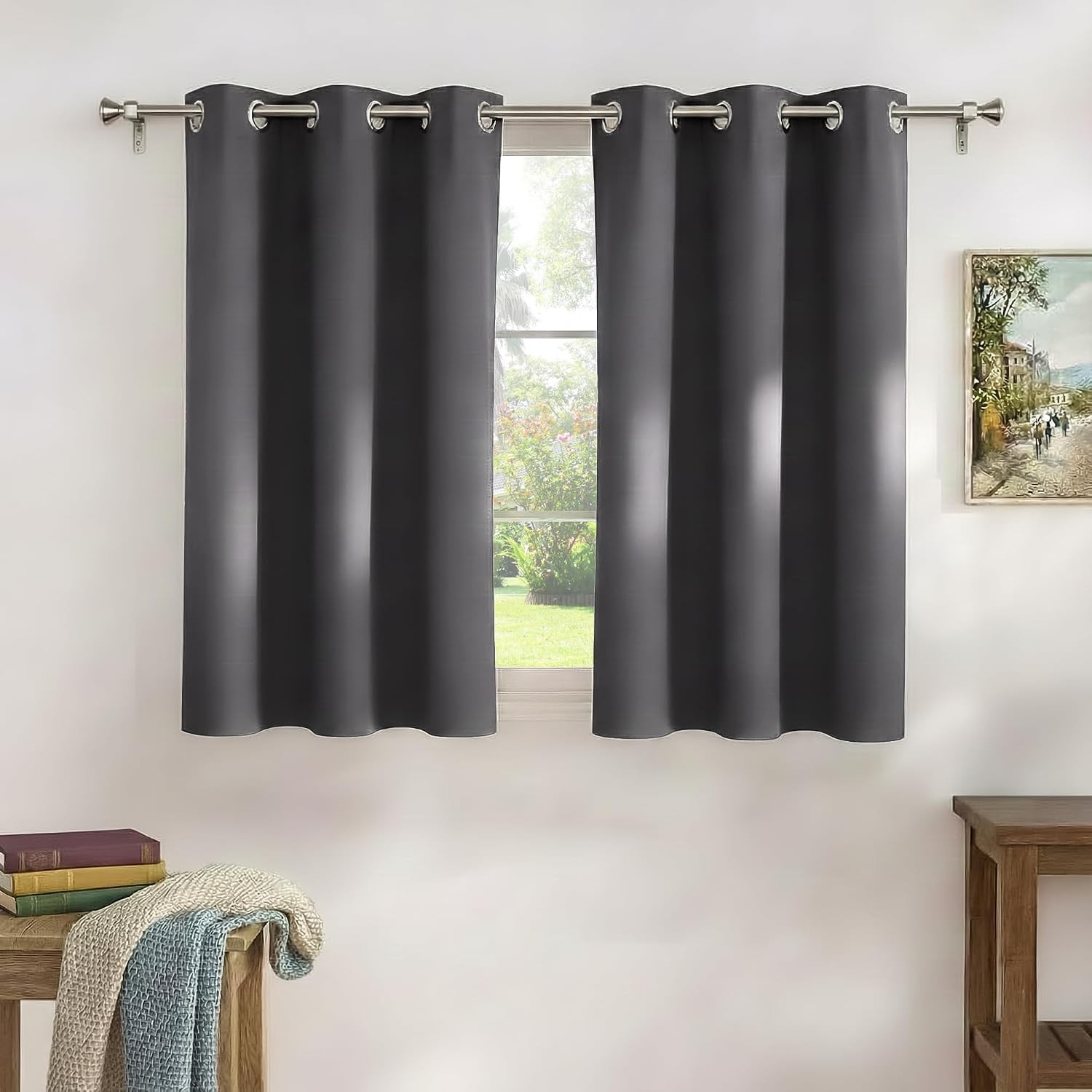 Short Gray Blackout Curtains for Kitchen Over 42″W x 36″L (Pack of 2) Grey