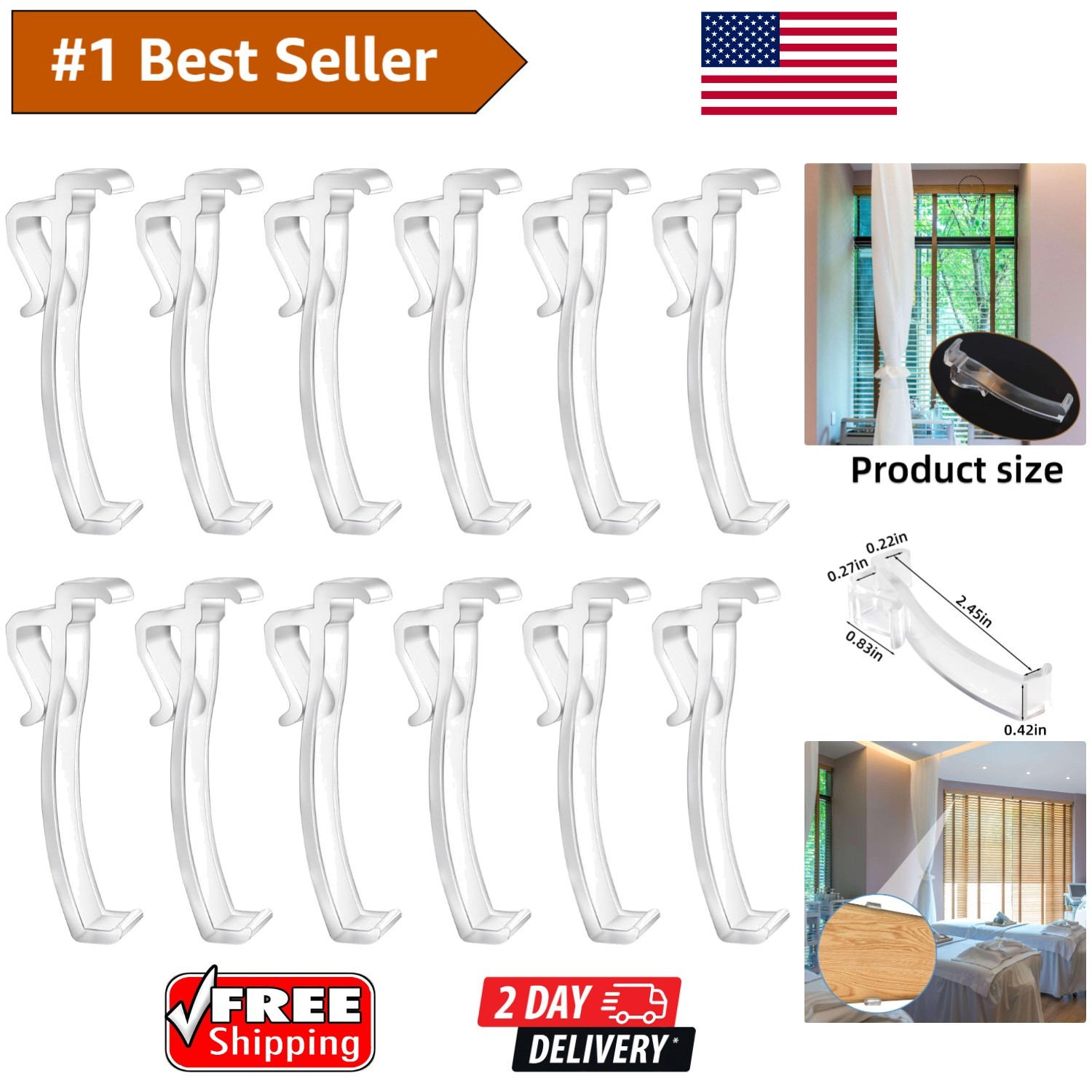 12 Clear Plastic Valance Clips for 2.45″ Blinds – Sturdy & Invisible Design