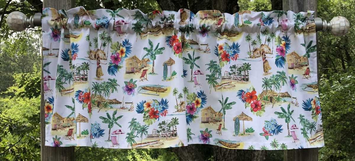 Tropical Island Valance Beach Palm Trees Hula Girl Window Curtain Topper