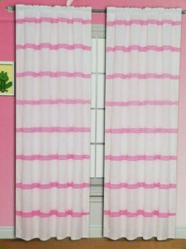 2 Pretty Ruffle Pink & White Window Panels (1 Pair) NIP