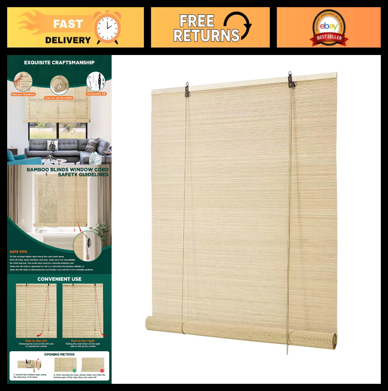 Natural Bamboo Roller Blinds – Outdoor Roll Up Shades, Waterproof, Easy Install,
