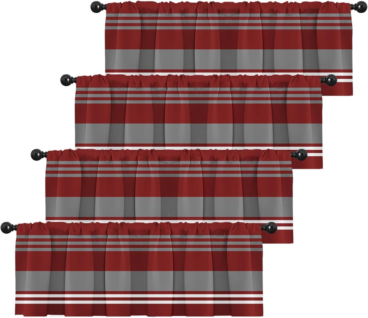 4 Pack Valances Window Treatments, Striped Burgundy Grey Geometric Minimalist Dr