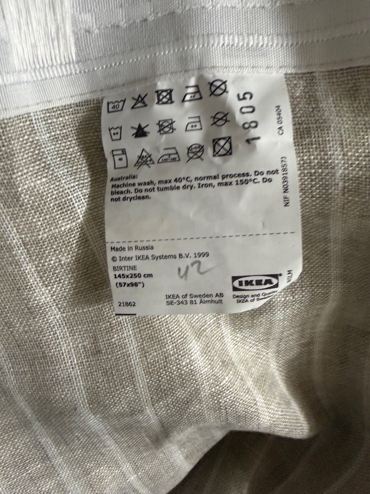 Ikea Birtine Beige Stripe 100% Linen Curtain Panel 57″ X 98″ Russia 1805 Retired