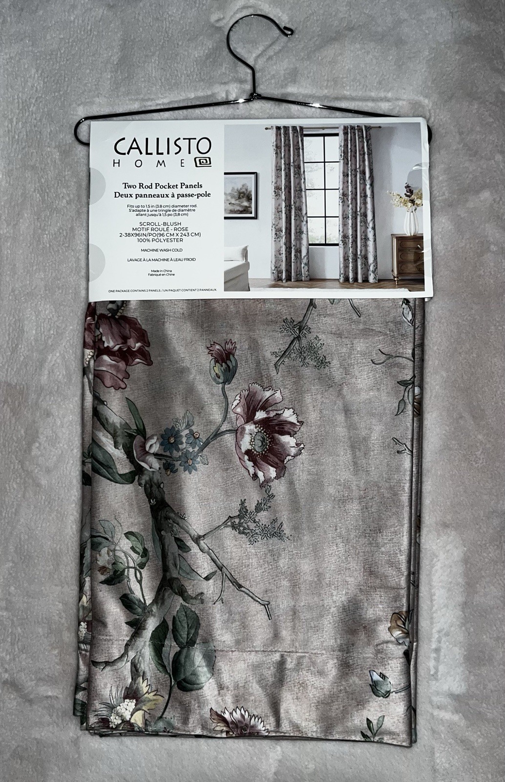1-NWT CALLISTO HOME FLORAL PRINT BLUSH CURTAINS SET OF 2 PANELS SIZE 38”x 96”