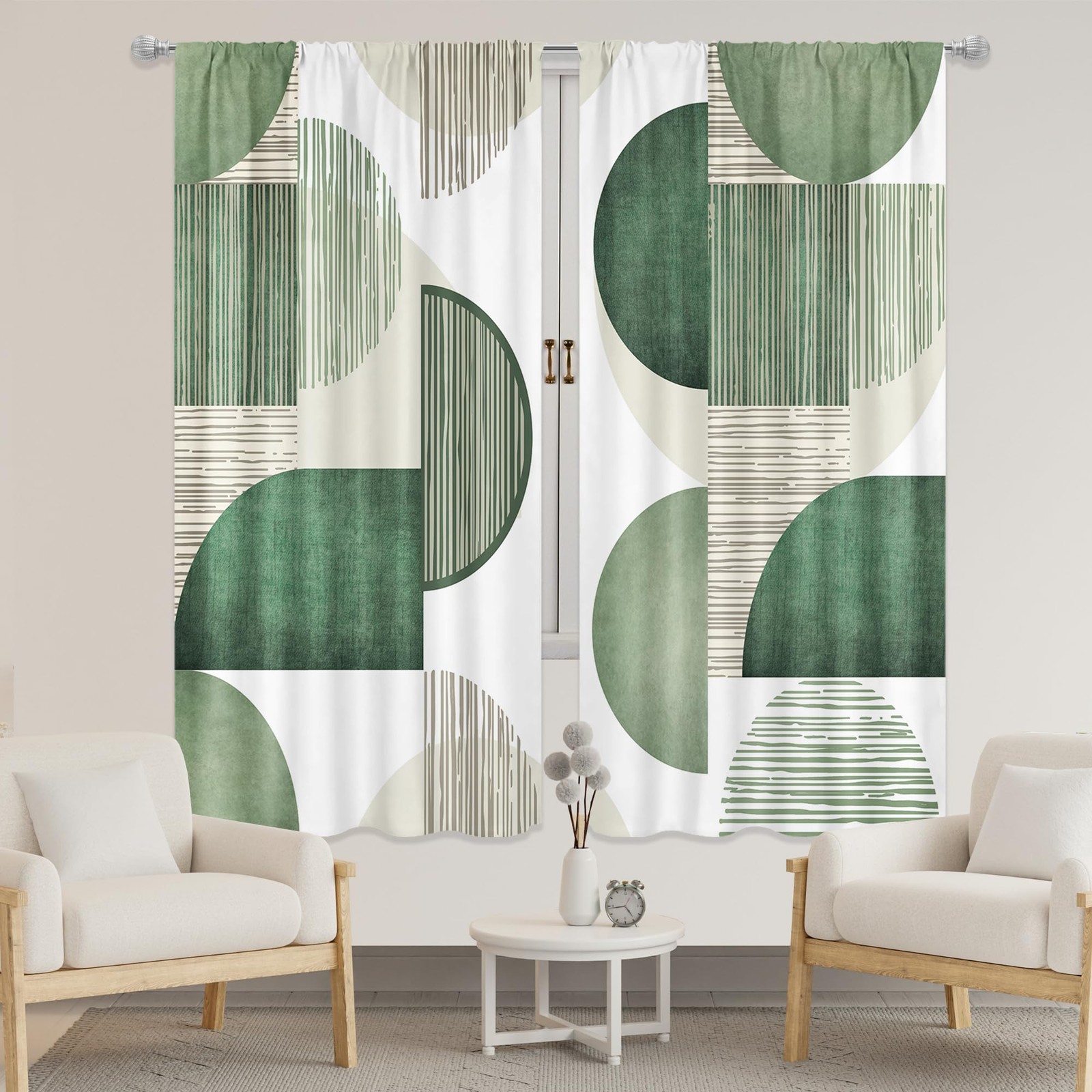 Abstract Geometric Green Curtains 42Wx63H Inch Rod Pocket Modern Minimalist S…