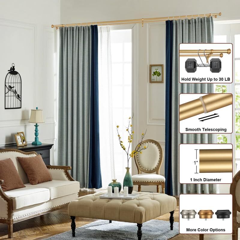 Double Curtain Rods 36-72″, Warm Gold Double Rod Curtain Rods, Double Window …