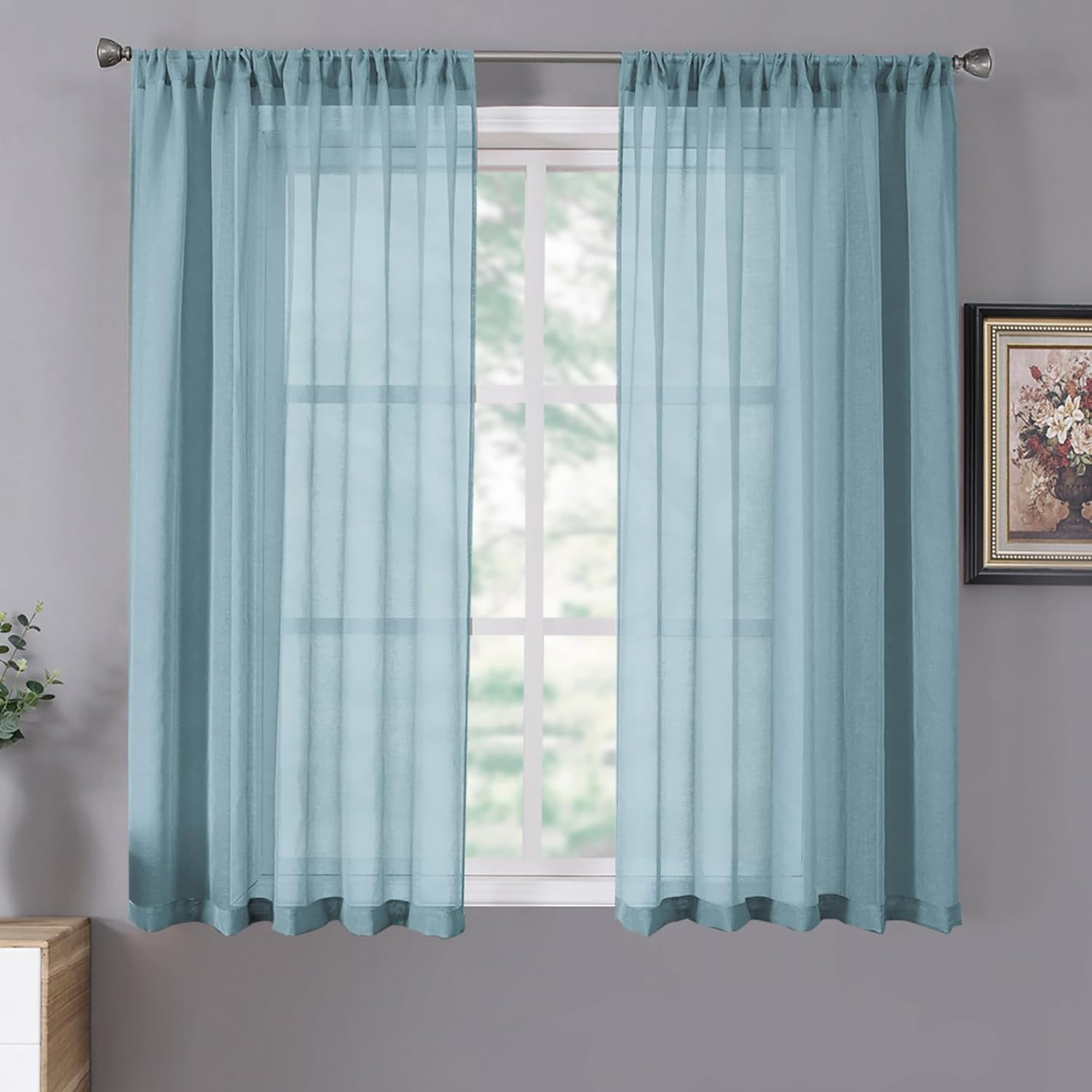 Short Sheer Curtain Linen Textured Bedroom Curtains Sheer Light Filtering Rod Po