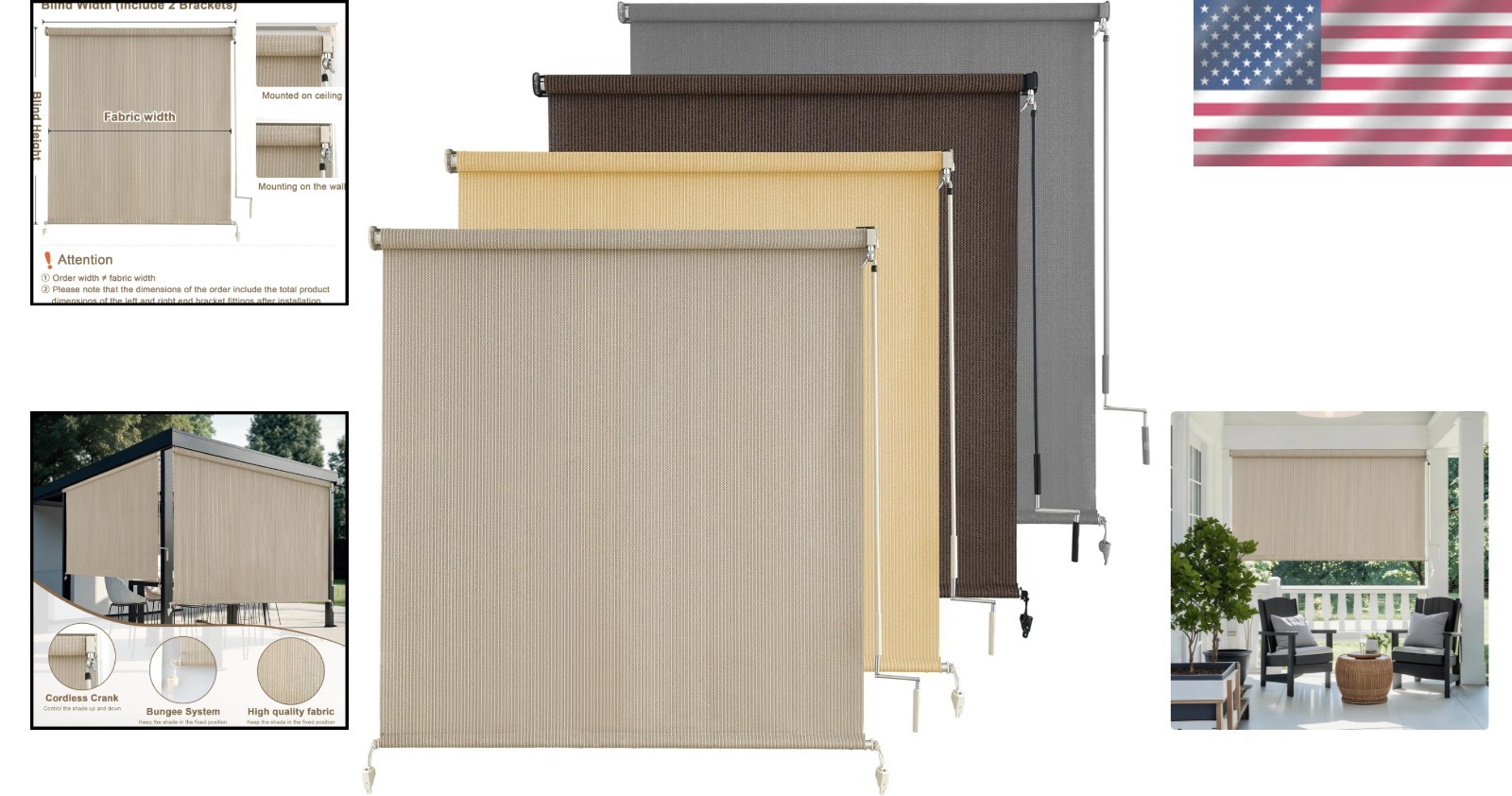 Cordless Outdoor Shades 96×96″ for Patio Privacy & UV Protection – Sesame