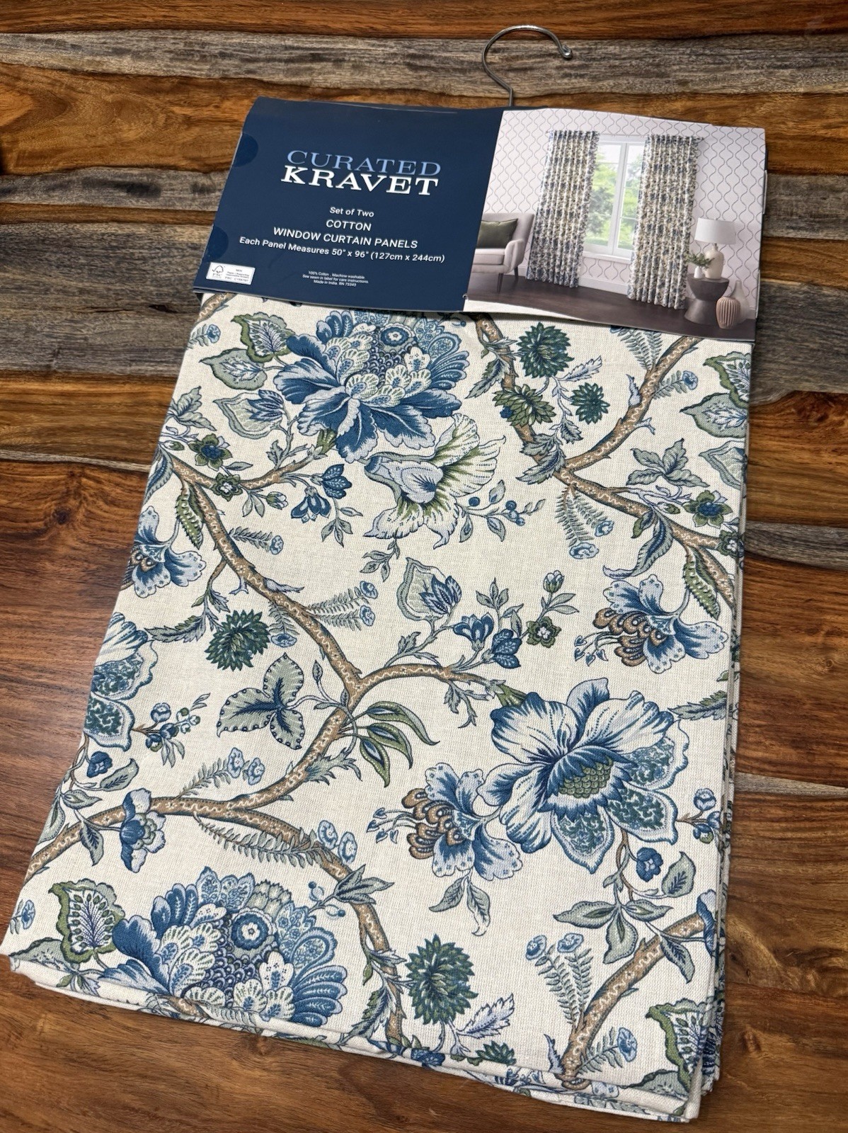 NWT Curated Kravet 2 pc Window Curtains Jacobean Floral Blue Cotton 50″ x 96″