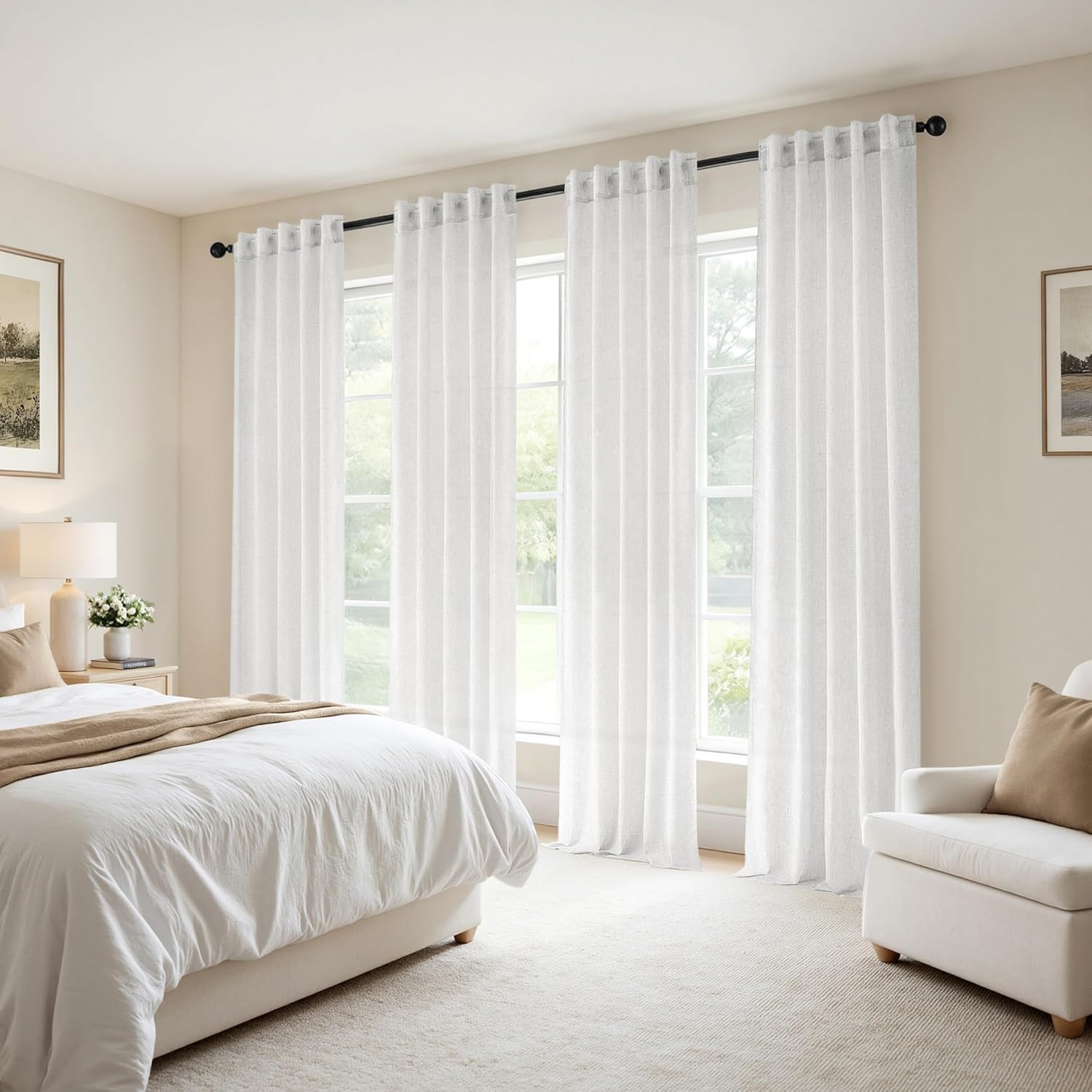 MIULEE White Linen Curtains 84 Inch Long 4 Panels Light Filtering Window Drapes