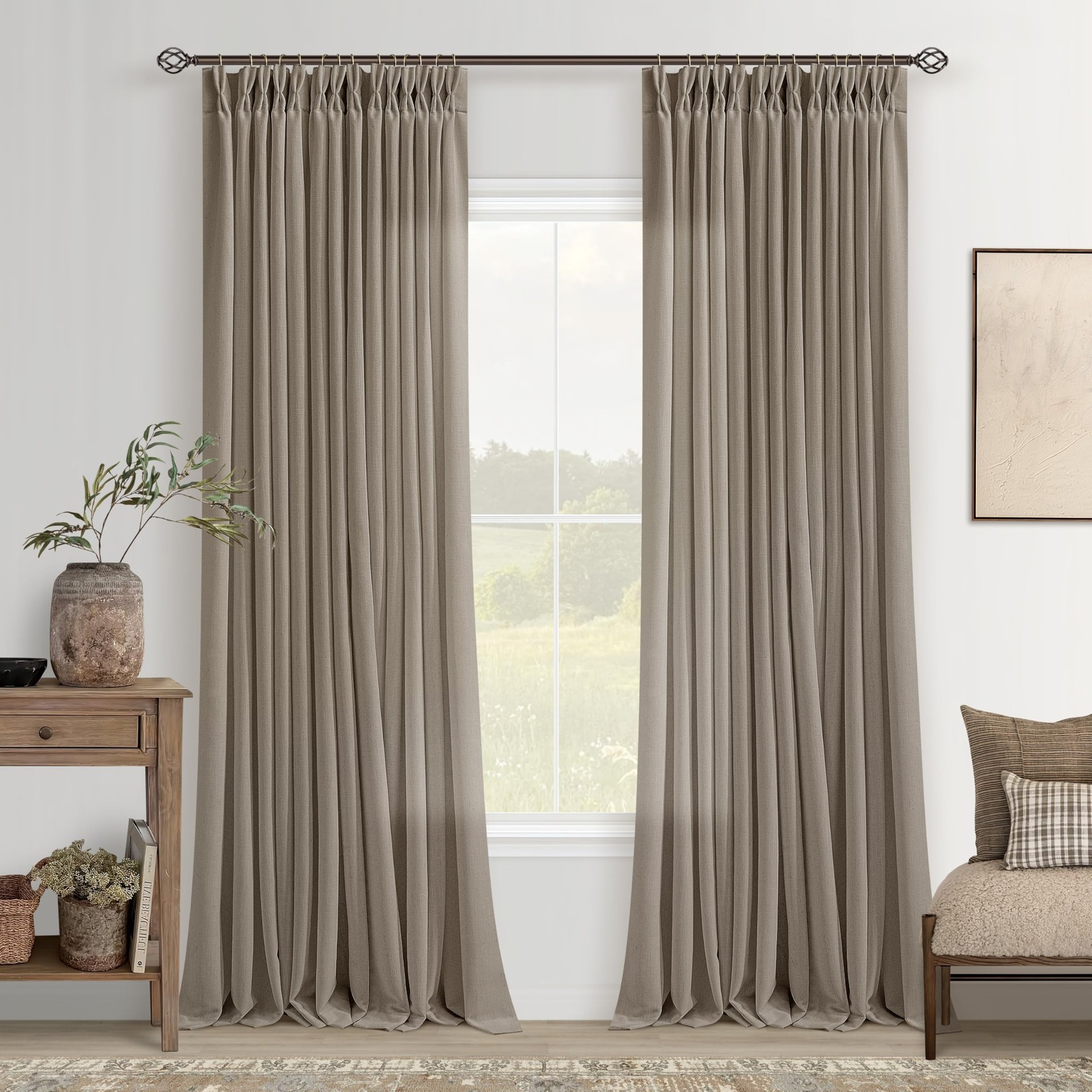 Dark Flax Curtains 102 Inches Long Pinch Pleated for Living Room 2 Panels Set…